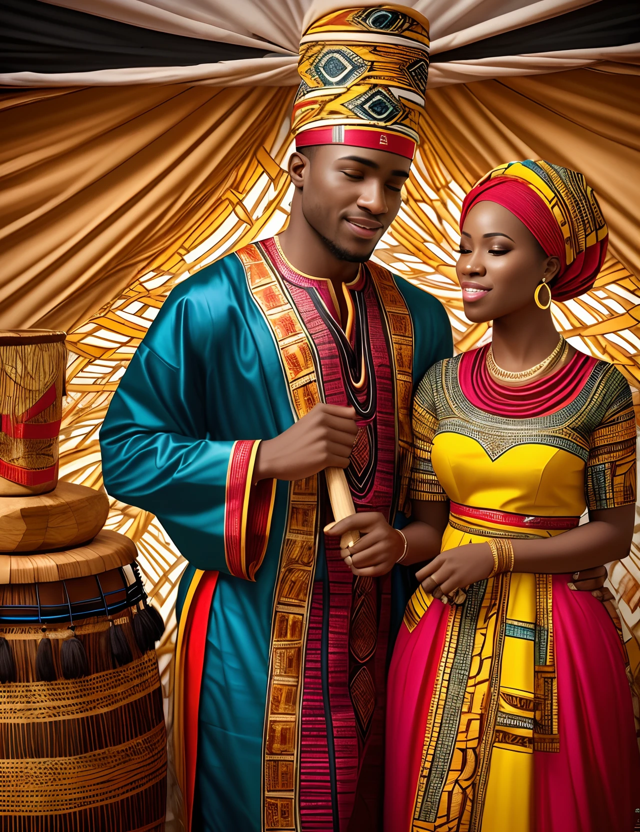 Traditional African marriage of a black man and black woman both wearing African traditional clothes, in an african designed tent, full of coloured African designed instruments, with a celebrating congregation carrying african designed presents like drums, pots, whole scene in African designed colours, beautiful daylight reflecting on the African instruments, shining a bright and vibrant light, with iridescent light, photorealistic image, 32k, ultra HD, cinematic lighting, artgerm style --auto --s2