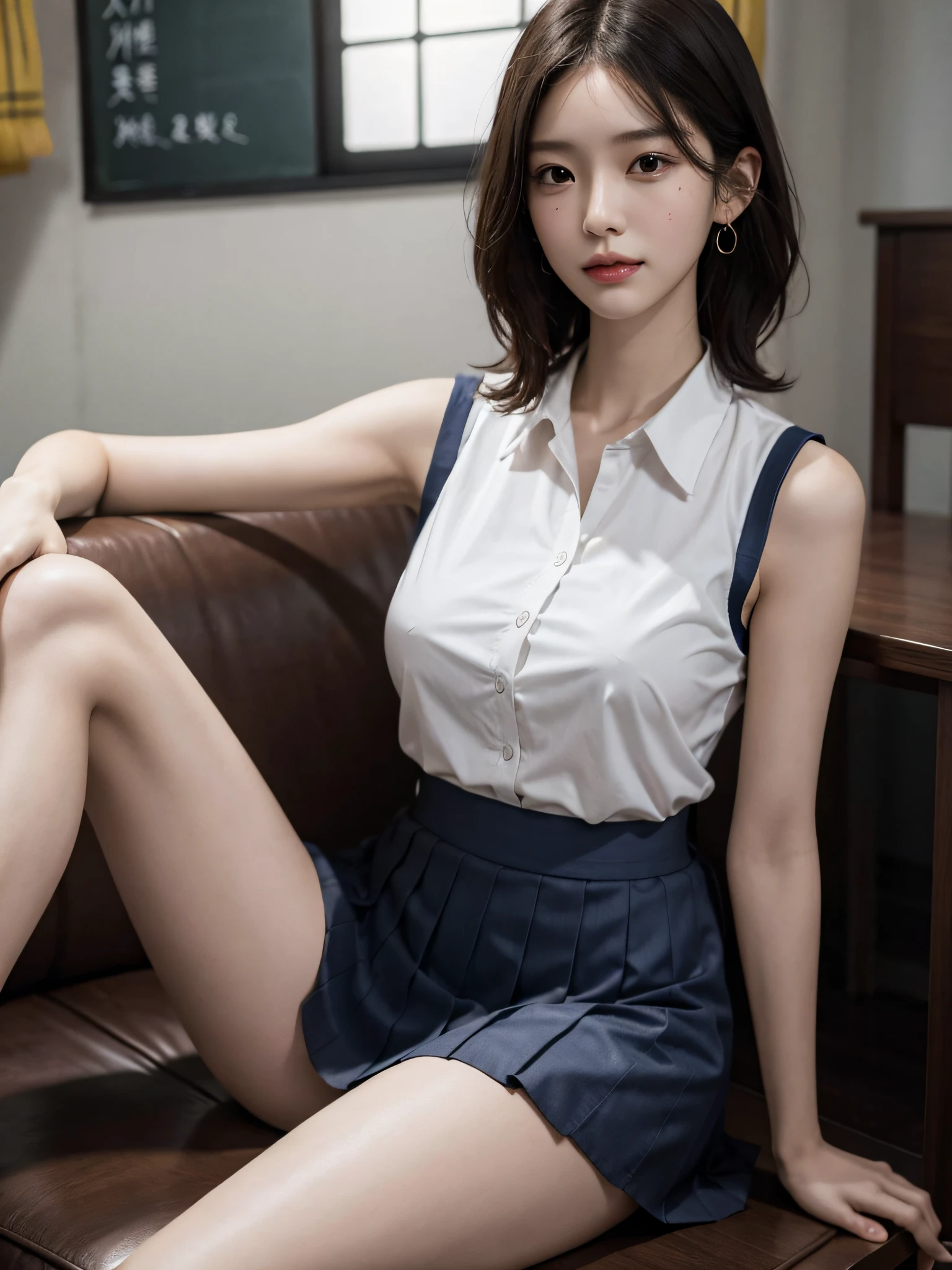 (very huge breasts, perfect anatomy:1.4), (short wavy hair, full body:1.1), (Korean school uniform, summer school uniform shirt, sleeveless:1.4), whole body, RAW photo, extremely delicate and beautiful, masterpiece, Best Quality, ultra high resolution, 16k, hyperrealistic, ultra-detailed, Very detailed CG 8k wallpaper, Beautiful Lighting, Perfect Lightning, Realistic Shadows, super Detailed shiny skin, perfect figure, Japanese woman, late 20s, Slim body, Slim abdomen, very small head, handsome detailed woman, very detailed eyes and face, realistic face proportions, Stunning detailed eyes, Realistic beautiful face, very small face, Realistic small beautiful eyes, double eyelids, makeup, tearful mole, mole on chest, earring, bare legs, beautiful and very thin legs, beautiful and very thin thighs, narrow waist, (cleavage, Soft midriff, Fine Collarbone, off-shoulder:0.1),