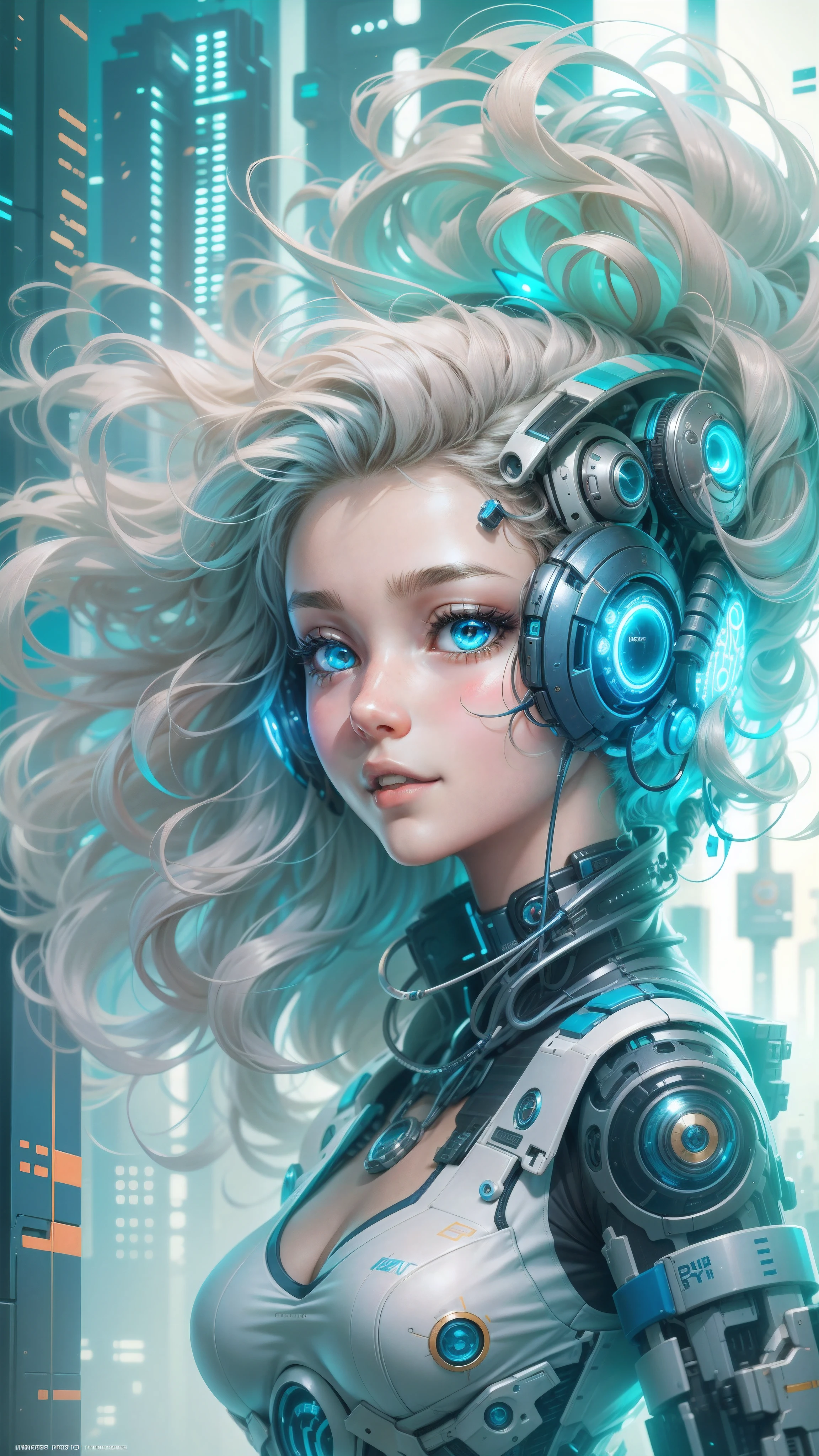 Best quality at best，illustratio，one-girl，Detailed eyes of happiness，Flat skin，Happy details of hair，Wavy hair，robot-girl，cyber punk style，whole body display，Blue style