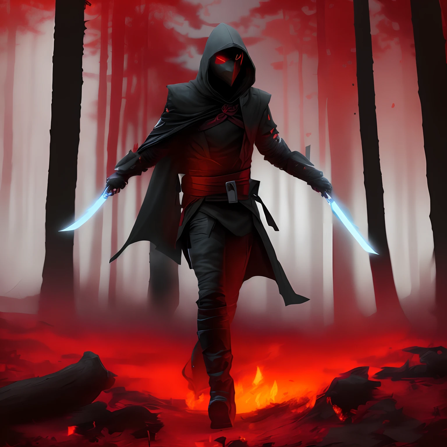 Wounded Ghost ninja wearing a black Assassin's Creed style cape, walking through a burning forest of sakara on a night, High Saturation,equip dual hidden blade's, White Eyes, Fire in Background, High Saturation, Hot Colors, Cold Colors in Background, hide face, walking in epic style.