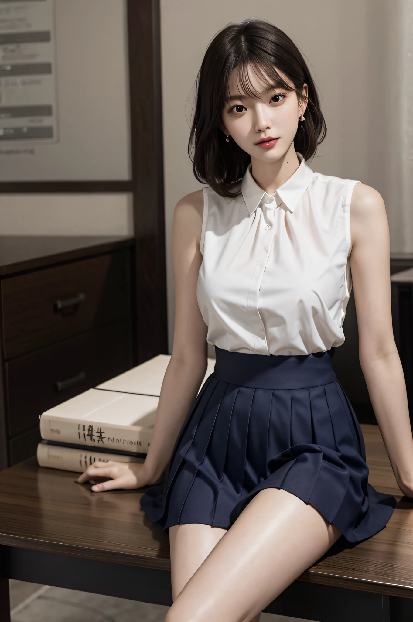 (very huge breasts, perfect anatomy:1.4), (short wavy hair, full body:1.1), (Backless blouse, Korean school uniform, summer school uniform shirt, sleeveless:1.4), whole body, RAW photo, extremely delicate and beautiful, masterpiece, Best Quality, ultra high resolution, 16k, hyperrealistic, ultra-detailed, Very detailed CG 8k wallpaper, Beautiful Lighting, Perfect Lightning, Realistic Shadows, super Detailed shiny skin, perfect figure, Japanese woman, late 20s, Slim body, Slim abdomen, very small head, handsome detailed woman, very detailed eyes and face, realistic face proportions, Stunning detailed eyes, Realistic beautiful face, very small face, Realistic small beautiful eyes, double eyelids, makeup, tearful mole, mole on chest, earring, bare legs, beautiful and very thin legs, beautiful and very thin thighs, narrow waist, (cleavage, Soft midriff, Fine Collarbone, off-shoulder:0.1),