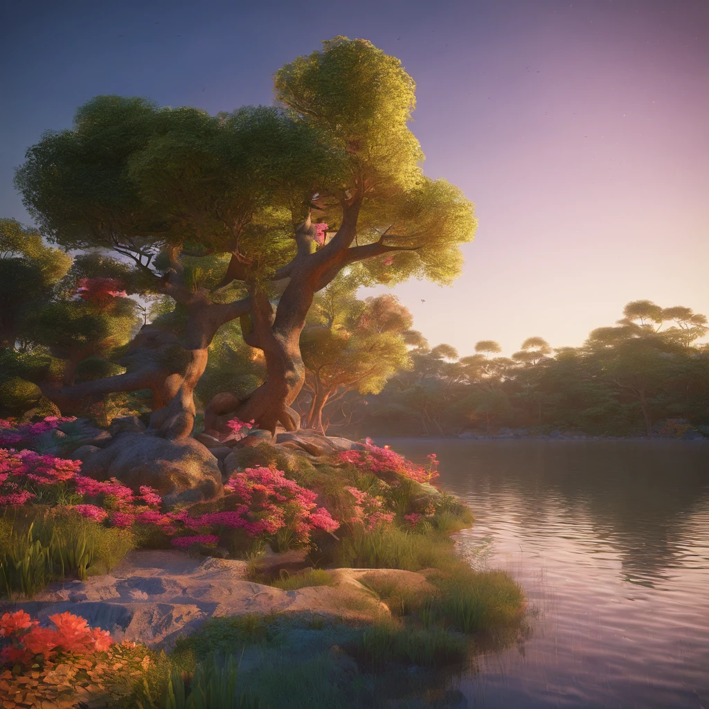 At the edge of the lake, at night, the trees gently lean towards the water, creating shadows that dance across the surface. The lagoon is surrounded by colorful flowers and rocks. Around Lagoinha, ancient shadows seem to emerge from the trees and waters of the lagoon