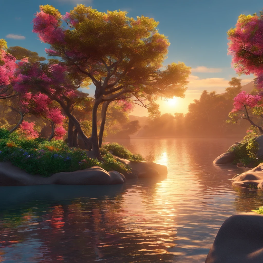 At the edge of the lake, at night, the trees gently lean towards the water, creating shadows that dance across the surface. The lagoon is surrounded by colorful flowers and rocks. Around Lagoinha, ancient shadows seem to emerge from the trees and waters of the lagoon