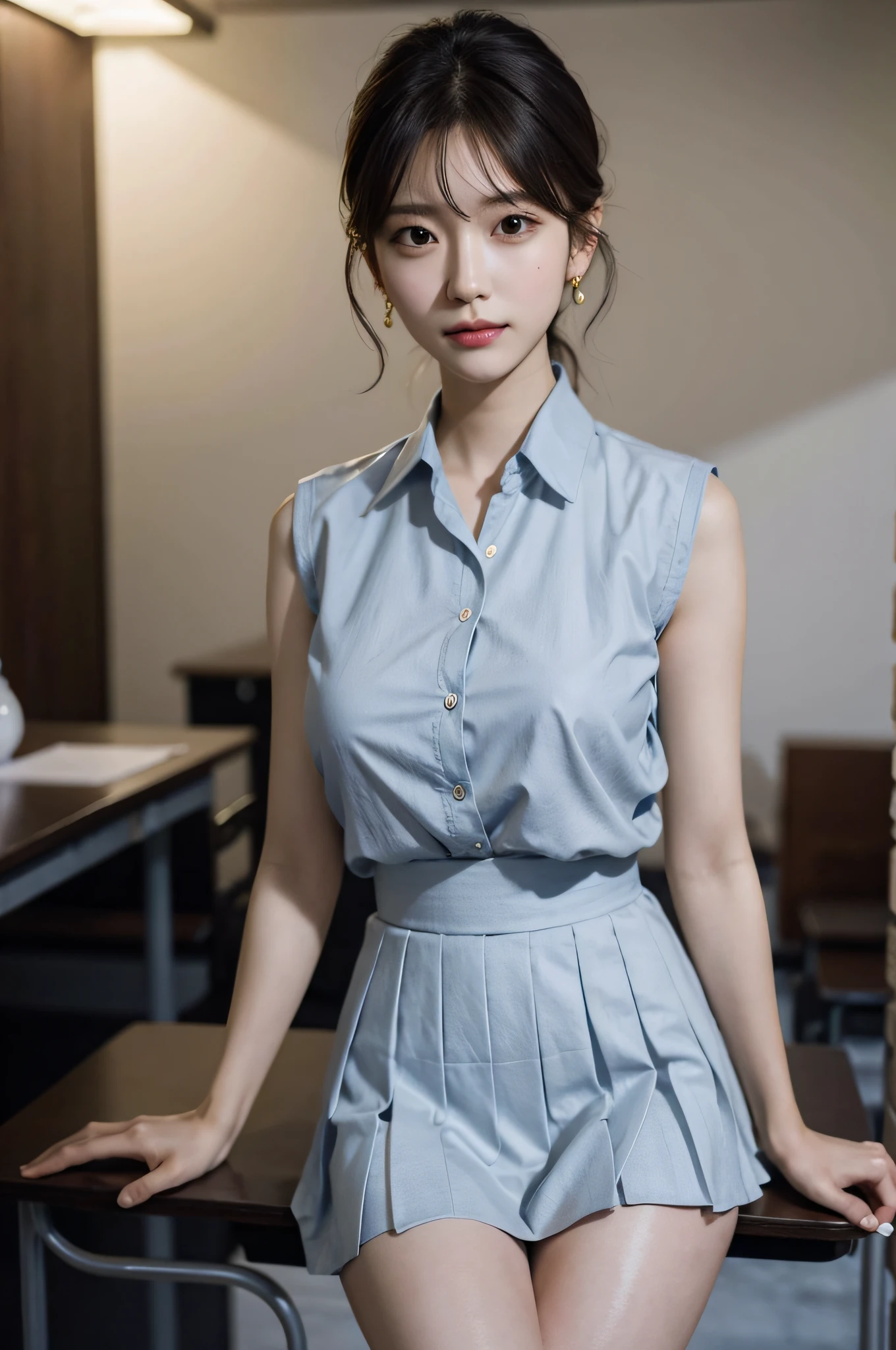 (very huge breasts, perfect anatomy:1.4), (short wavy hair, full body, from below:1.1), (Korean school uniform, summer school uniform shirt, sleeveless:1.4), whole body, RAW photo, extremely delicate and beautiful, masterpiece, Best Quality, ultra high resolution, 16k, hyperrealistic, ultra-detailed, Very detailed CG 8k wallpaper, Beautiful Lighting, Perfect Lightning, Realistic Shadows, super Detailed shiny skin, perfect figure, Japanese woman, late 20s, Slim body, Slim abdomen, very small head, handsome detailed woman, very detailed eyes and face, realistic face proportions, Stunning detailed eyes, Realistic beautiful face, very small face, Realistic small beautiful eyes, double eyelids, makeup, tearful mole, mole on chest, earring, bare legs, beautiful and very thin legs, beautiful and very thin thighs, narrow waist, (cleavage, Soft midriff, Fine Collarbone, off-shoulder:0.1),