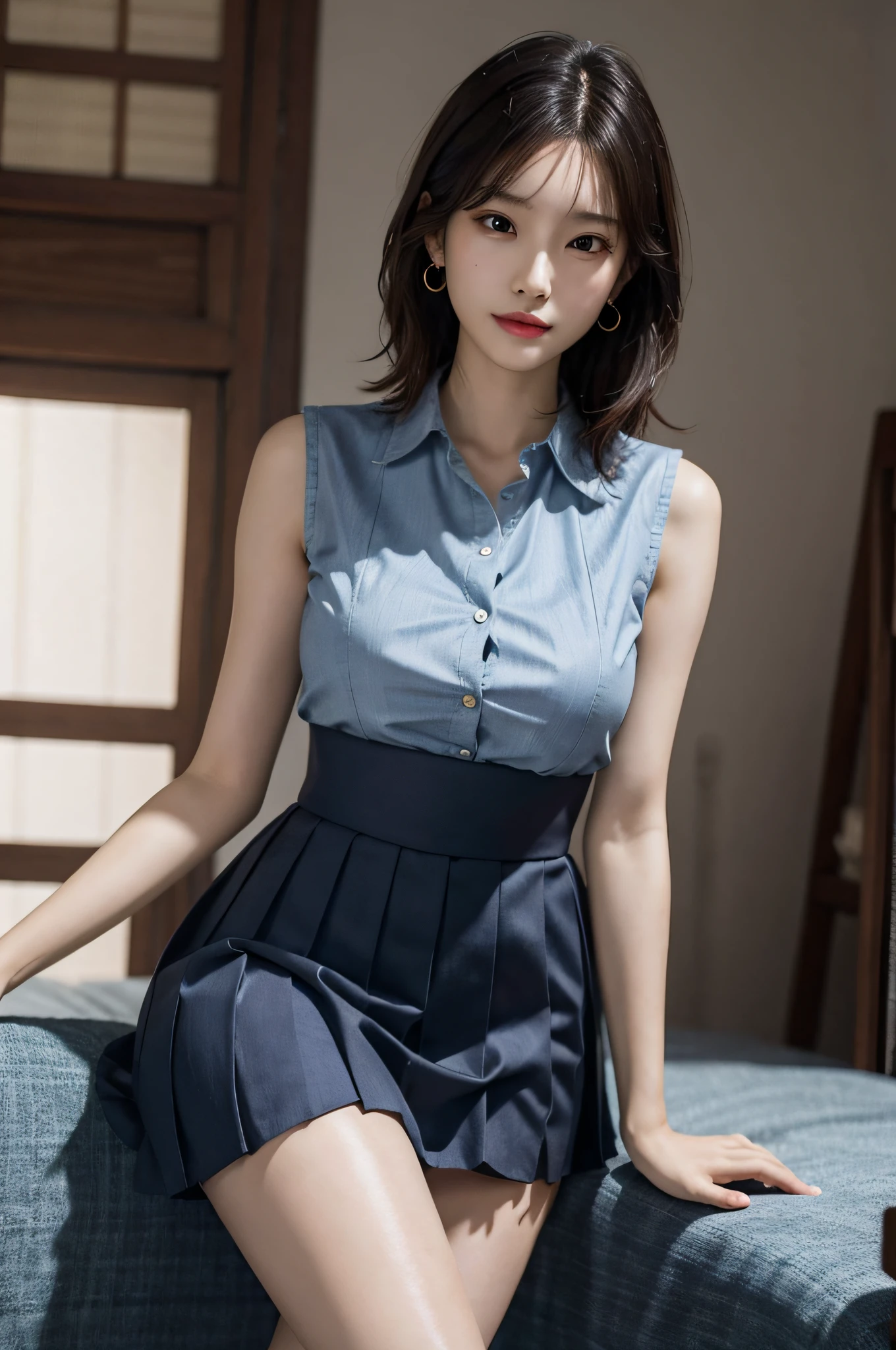 (very huge breasts, perfect anatomy:1.4), (short wavy hair, full body, from below:1.1), (Korean school uniform, summer school uniform shirt, sleeveless:1.4), whole body, RAW photo, extremely delicate and beautiful, masterpiece, Best Quality, ultra high resolution, 16k, hyperrealistic, ultra-detailed, Very detailed CG 8k wallpaper, Beautiful Lighting, Perfect Lightning, Realistic Shadows, super Detailed shiny skin, perfect figure, Japanese woman, late 20s, Slim body, Slim abdomen, very small head, handsome detailed woman, very detailed eyes and face, realistic face proportions, Stunning detailed eyes, Realistic beautiful face, very small face, Realistic small beautiful eyes, double eyelids, makeup, tearful mole, mole on chest, earring, bare legs, beautiful and very thin legs, beautiful and very thin thighs, narrow waist, (cleavage, Soft midriff, Fine Collarbone, off-shoulder:0.1),