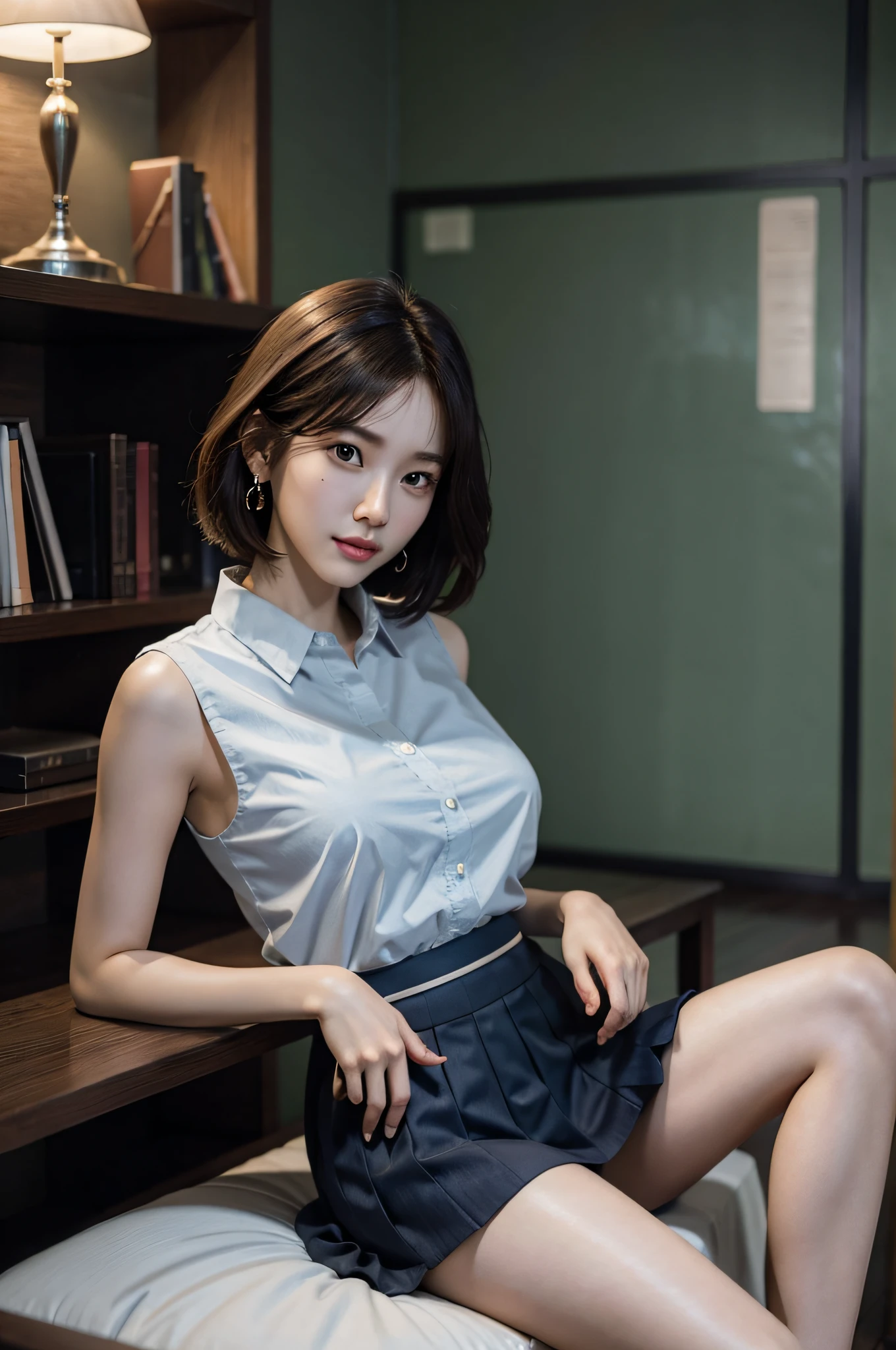 (very huge breasts, perfect anatomy:1.4), (short wavy hair, full body, from below:1.1), (Korean school uniform, summer school uniform shirt, sleeveless:1.4), whole body, RAW photo, extremely delicate and beautiful, masterpiece, Best Quality, ultra high resolution, 16k, hyperrealistic, ultra-detailed, Very detailed CG 8k wallpaper, Beautiful Lighting, Perfect Lightning, Realistic Shadows, super Detailed shiny skin, perfect figure, Japanese woman, late 20s, Slim body, Slim abdomen, very small head, handsome detailed woman, very detailed eyes and face, realistic face proportions, Stunning detailed eyes, Realistic beautiful face, very small face, Realistic small beautiful eyes, double eyelids, makeup, tearful mole, mole on chest, earring, bare legs, beautiful and very thin legs, beautiful and very thin thighs, narrow waist, (cleavage, Soft midriff, Fine Collarbone, off-shoulder:0.1),