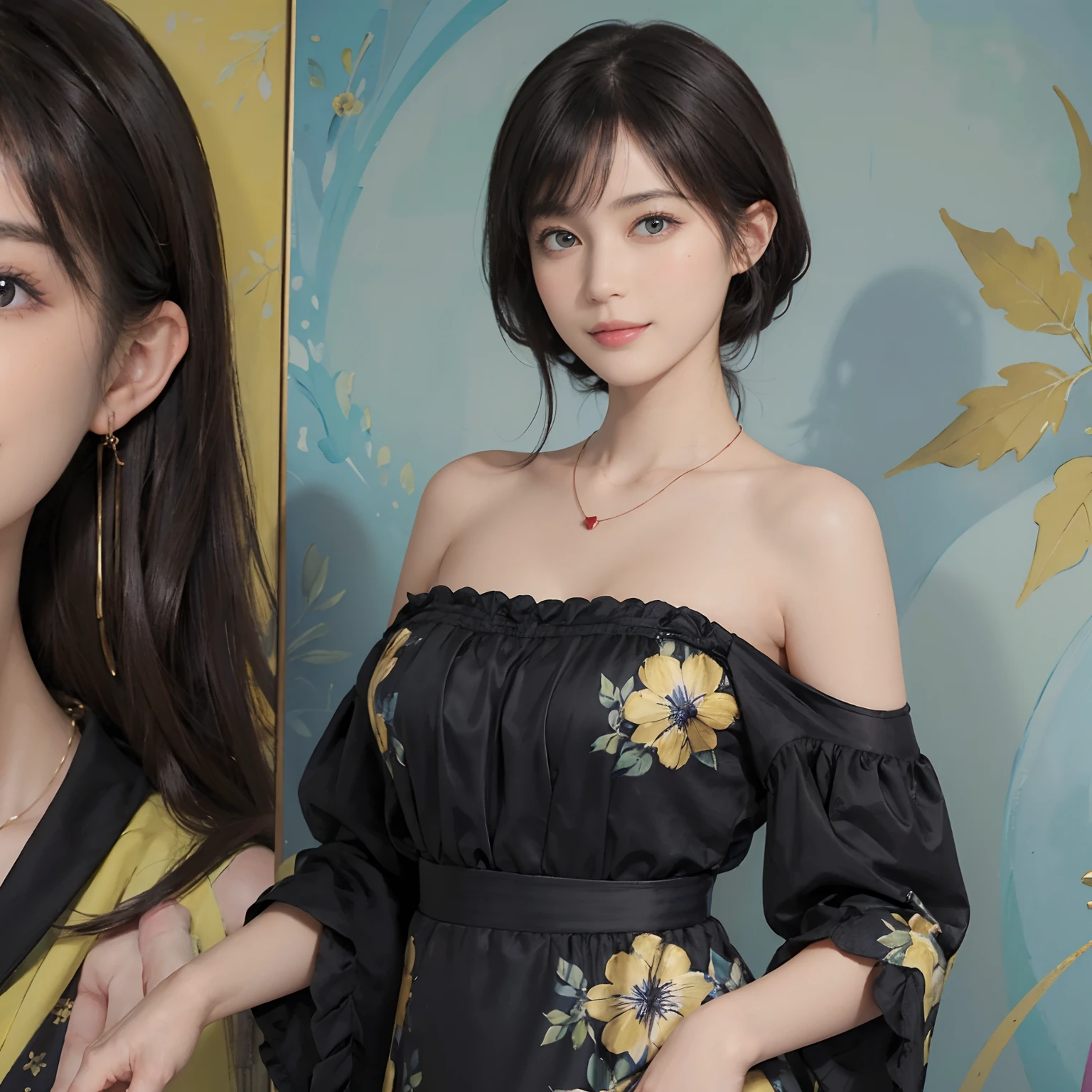 (((Black Shorthair))), (Louvre Museum), Pose Seductive, (A hyper-realistic), (Illustration), (Increased resolution), (8KUHD), (Extremely detailed), (Best Illustration), (Beautiful and detailed eyes), (Best Quality), (ultra-detailliert), (masutepiece ), ( Wallpaper), (Detailed face), Solo, (One woman dressed in blue and yellow), (Floral clothing), (Breast bulge), Fine details, Detailed face, Deep Shadows, lowkey, pureerosfaceace_v1, Smiling, 46 point slanted bangs, (Stand in front of an abstract painting), Wearing a necklace