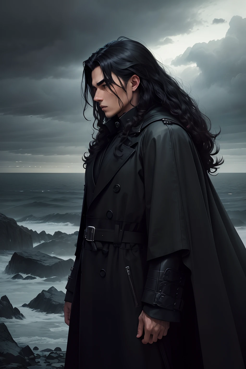a warrior in a black overcoat, emanating dark energy, long and curly hair, in front of an army, wide landscape, gloomy weather, dark clouds, tectonic atmosphere