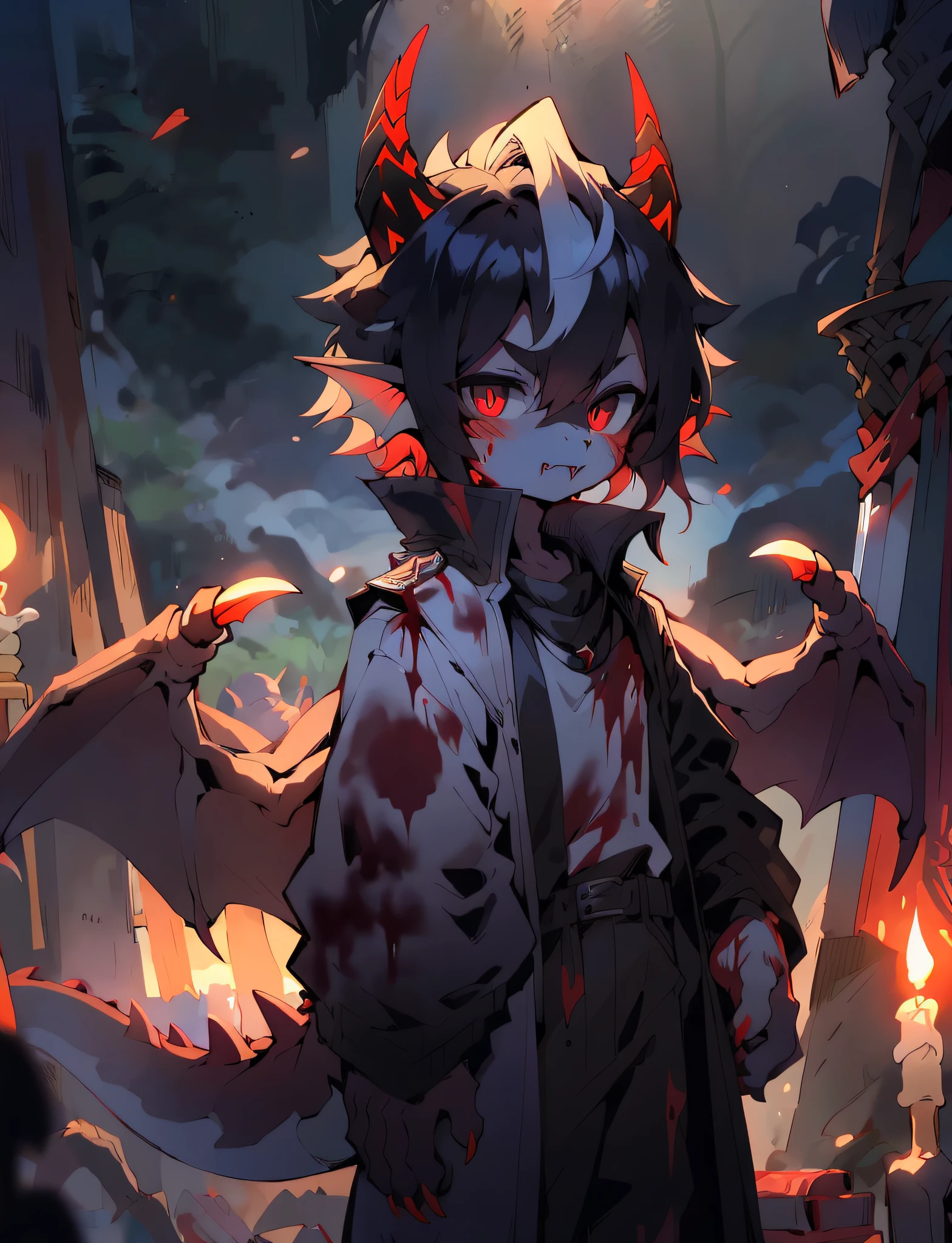 (ambiente dark:0.8),shadowing,tmasterpiece,best qualtiy,12K,detail-rich,Highest definition,borgar,waxy candles,magma,火焰,Red-black tones,Vampire boy,Shota,The demons,Dragon's horn,Spines,Dragon wings,Elongated demon tail,Sharp fangs,Short snow-colored hair,Blood-colored pupils,Vertical pupils,Detailed eyes,cloaks,jaket,trouser,Fin ears,Claws,big sword,Blood,byself