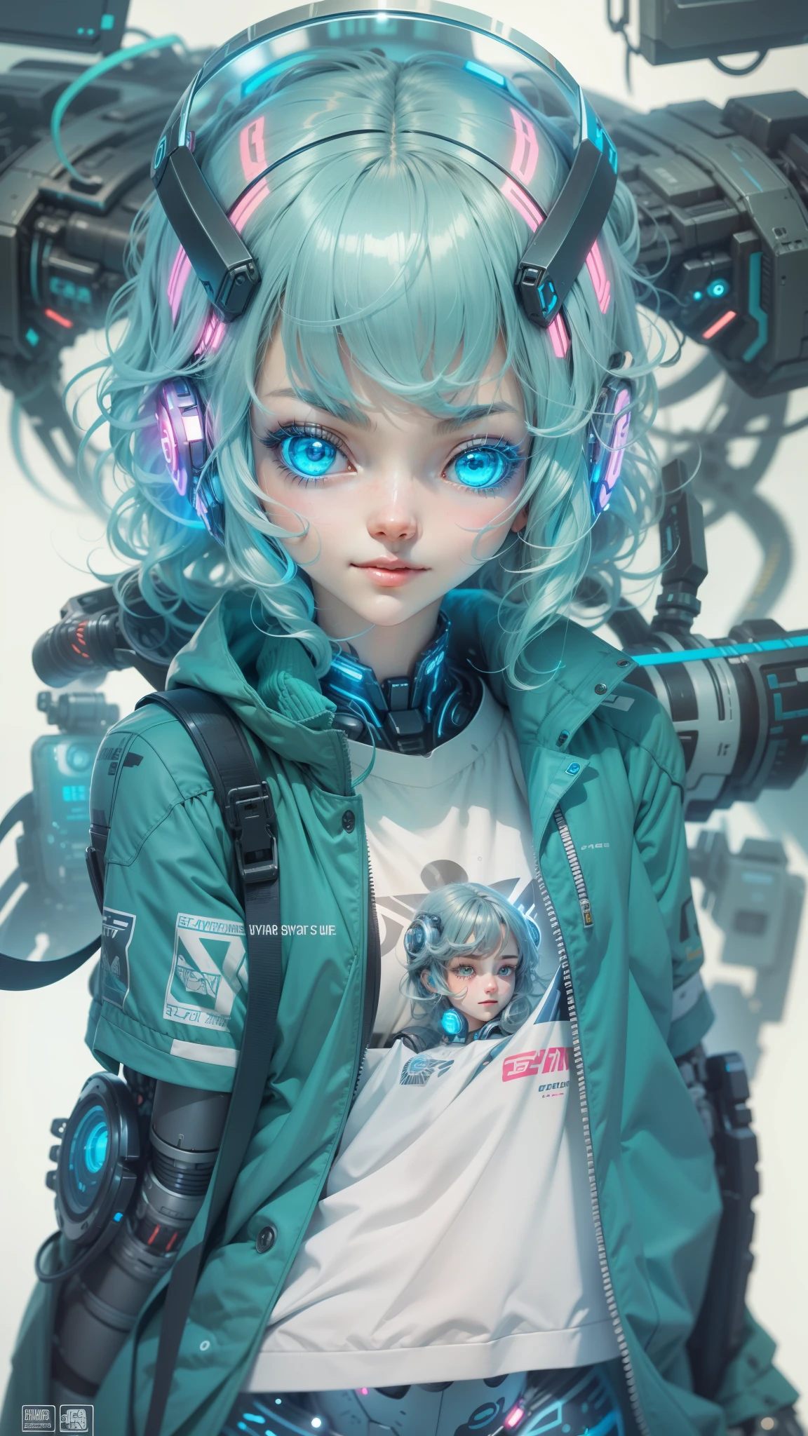Best quality at best，illustratio，one-girl，Detailed eyes of happiness，Flat skin，Happy details of hair，Wavy hair，robot-girl，cyber punk style，whole body display，Blue style