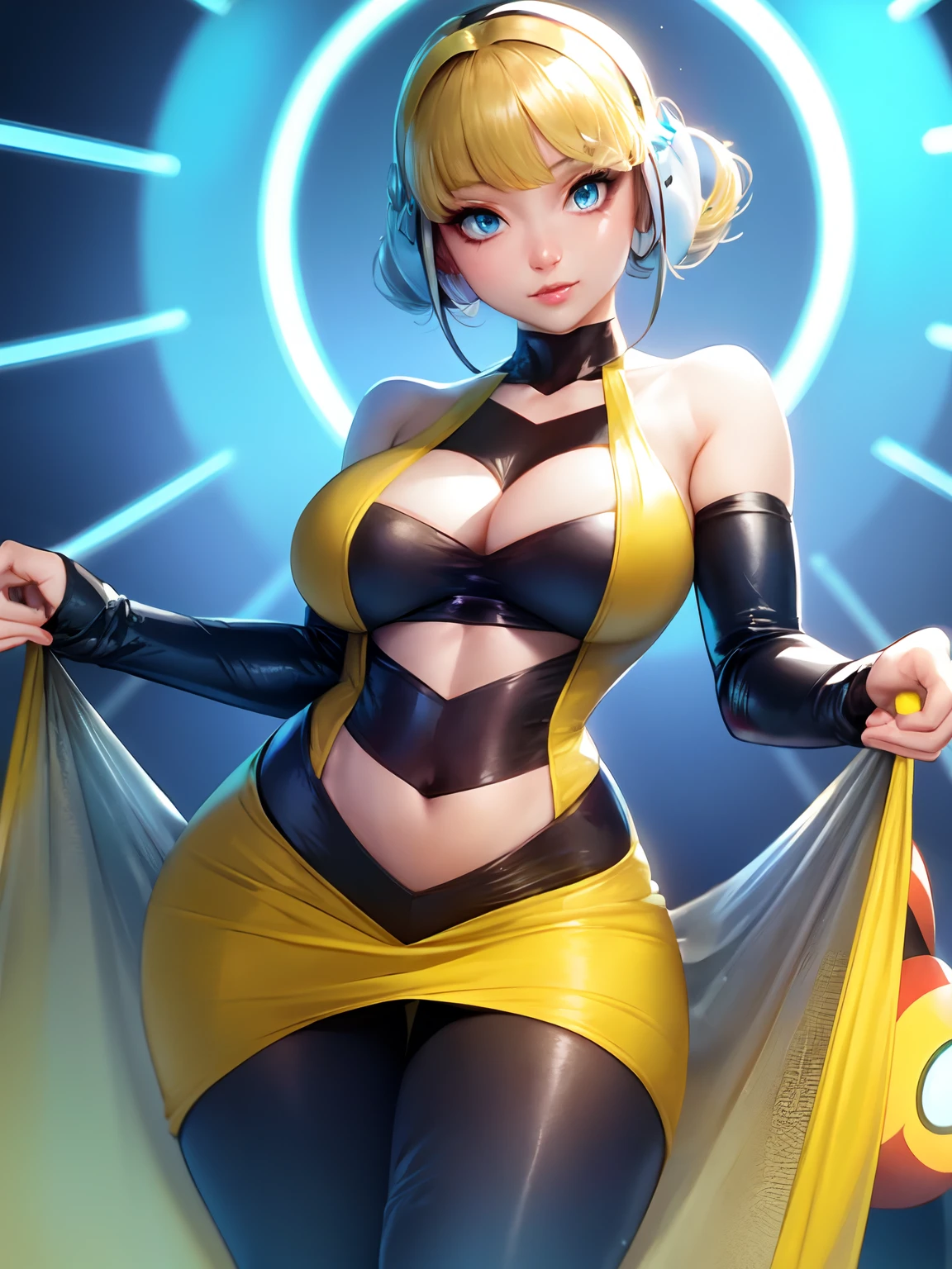 25 years old, [[[[full body]:1.2]]], perfect eyes, perfect iris, perfect lips, perfect teeth, perfect skin, soft front light, glow, HDR, (muted colors:1.2), elesa pokemon, pitgirl, blue sky