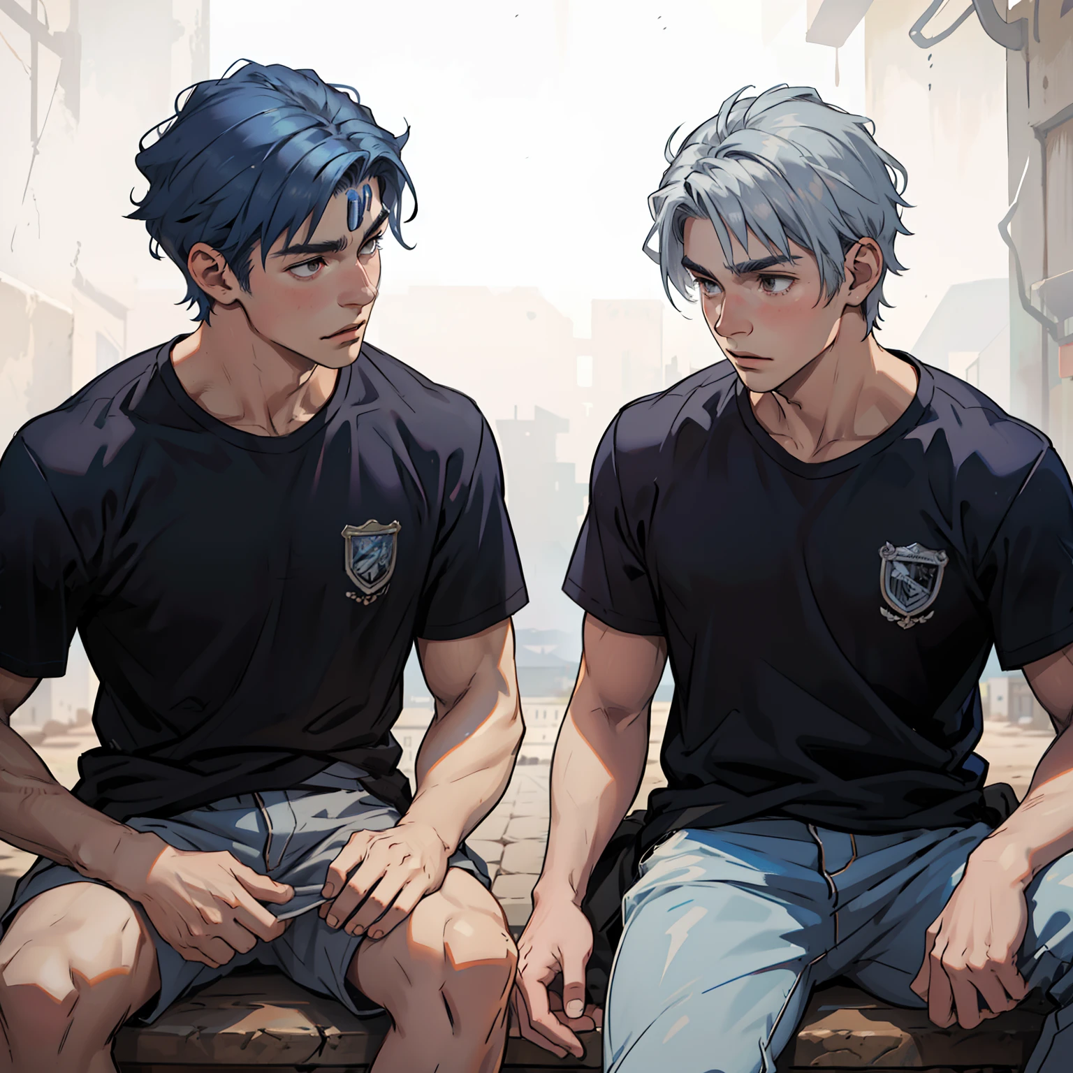 In the background is a silver city Two -yeld tege friends with blue hair, With Latin skin and light gray hair on the outskirts of a large silver city they are talking about an important topic they are friends almost like brothers.........