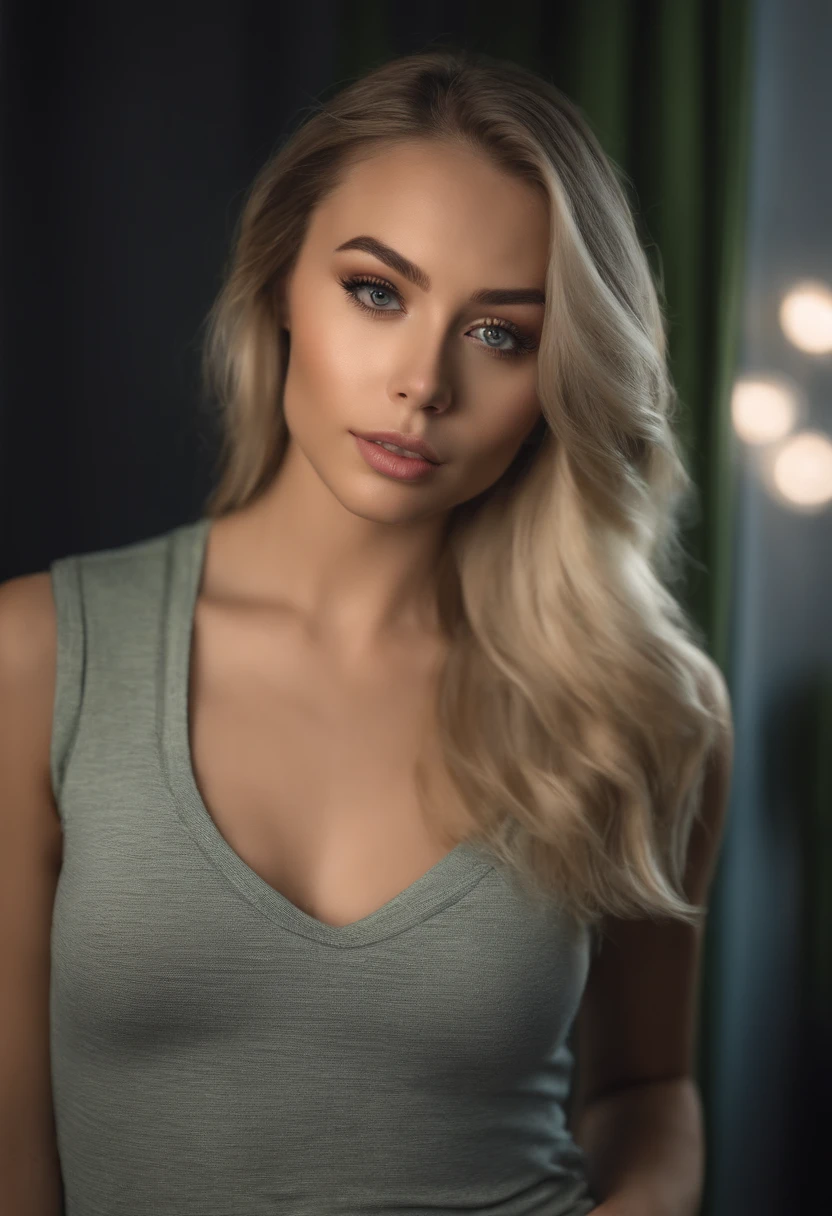 Woman with matching tank top and panties, Sexy girl with green eyes, portrait sophie mudd, portrait corinna kopf, blonde hair and large eyes, Selfie einer jungen Frau, Augen im club Violet Myers, ohne Make-up, Natural makeup, Blick direkt in die Kamera, Gesicht mit Artgram, dezentes Make-up, Stunning full body shot, im Schlafzimmer, Spaltung