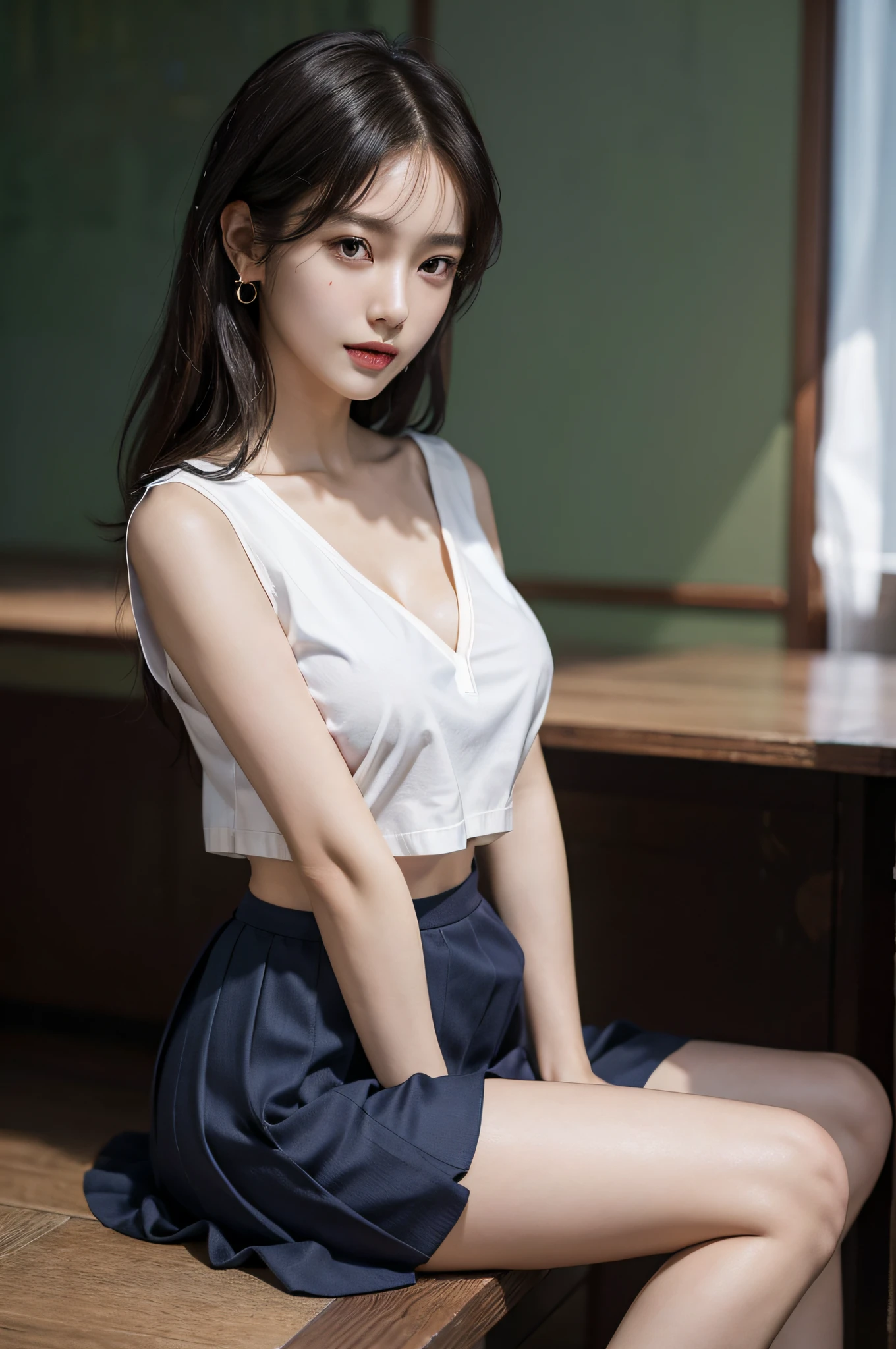 (very huge breasts, perfect anatomy:1.4), (short wavy hair, full body:1.1), (Korean school uniform, summer school uniform shirt, sleeveless:1.4), whole body, RAW photo, extremely delicate and beautiful, masterpiece, Best Quality, ultra high resolution, 16k, hyperrealistic, ultra-detailed, Very detailed CG 8k wallpaper, Beautiful Lighting, Perfect Lightning, Realistic Shadows, super Detailed shiny skin, perfect figure, Japanese woman, late 20s, Slim body, Slim abdomen, very small head, handsome detailed woman, very detailed eyes and face, realistic face proportions, Stunning detailed eyes, Realistic beautiful face, very small face, Realistic small beautiful eyes, double eyelids, makeup, tearful mole, mole on chest, earring, bare legs, beautiful and very thin legs, beautiful and very thin thighs, narrow waist, (cleavage, Soft midriff, Fine Collarbone, off-shoulder:1.0),