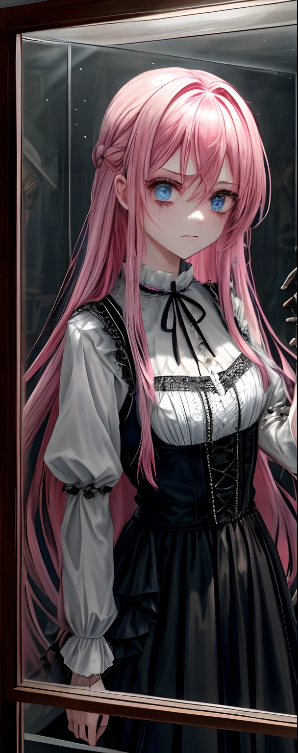 1girll, Pink hair, Blue eyes, (teens girl_Shot:1.2), Face focus, Long hair, side locks,Collapsed crying,Extreme panic,After being violated ,Scared,(terrified:1.1) expression, holding teddy bear, Atmospheric lighting, Moody, Darkness, In an abandoned old museum, Clear glass display case full of interesting items, Dusty, Post-apocalypse, spiderwebs, masterful, Beautiful 8k wallpaper, Extremely detailed, Intricate,Wear a gothic dress,Broken clothes,Bleeding in the lower body