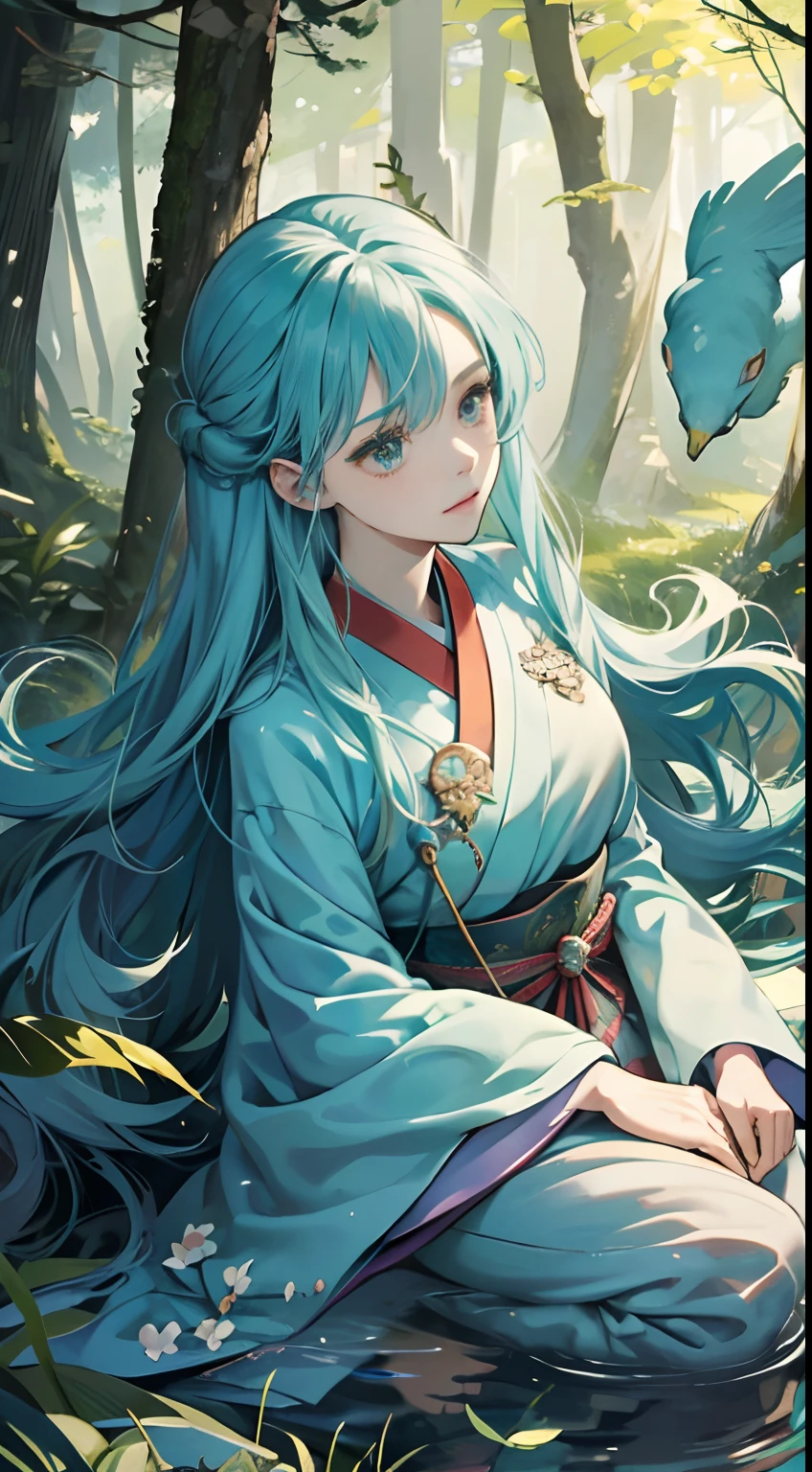 Wanda Gág, Japanese anime, Surreal, mysterious, strange, fantastical, absurd, fantasy, Sci-fi fantasy, forest where gods and spirits live, solo girl, beautiful perfect voluminous body, encounter with mysterious birds, summoning ritual of wind spirit, trial of dreams and illusions shown by the snake god, hyperdetailed high resolution high definition high quality masterpiece