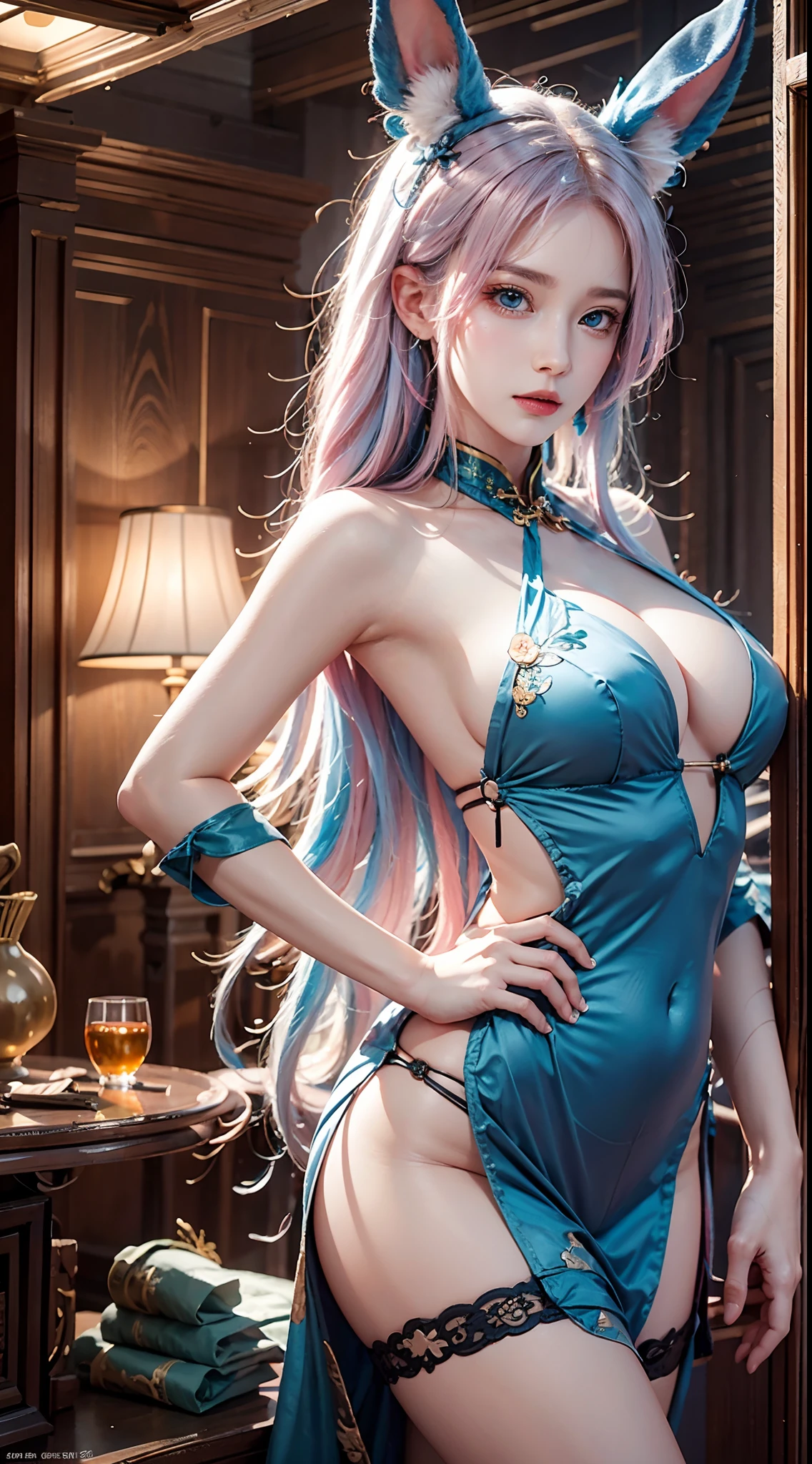 photorealistic, masterpiece, photorealistic, high resolution, soft light, hips up, (blue eyes, pink hair), fake rabbit ears, green cheongsam, cheongsam dress, jewelry, tattoo