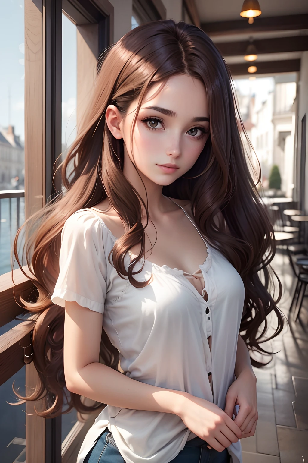 Femme 22ans, brune, peau mate, yeux marron, long, wavy hair