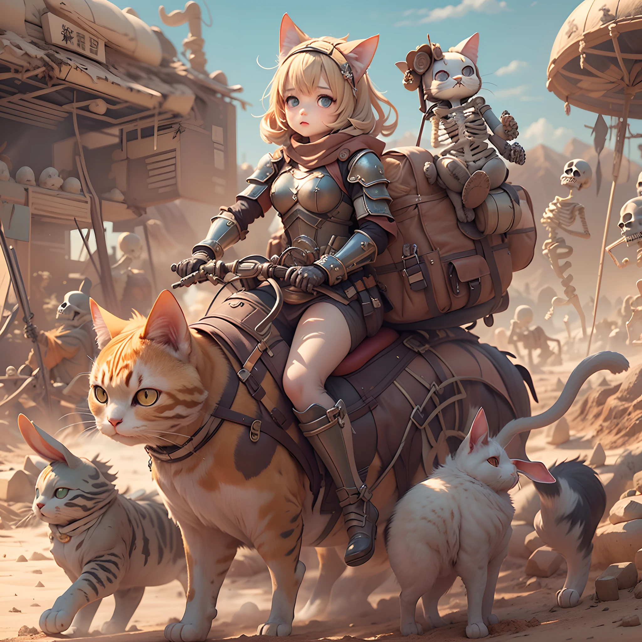 ((Girl riding a cat))、((The action of walking in a desert wasteland))、((Wasteland))、((Rabbit-eared girl))、((Girl 1 And Fat Cat 1))、((Riding a fat cat))、Fat cat in heavy armor、((maru々Fat cat))、Girl with a magic wand、magical 、 Wearing armor and shield、 Full body 、Highly detailed, High budget, Highly detailed, ,((the wasteland))、((Countless skeletons behind))、8K、 𝓡𝓸𝓶𝓪𝓷𝓽𝓲𝓬、Rabbit in a bag