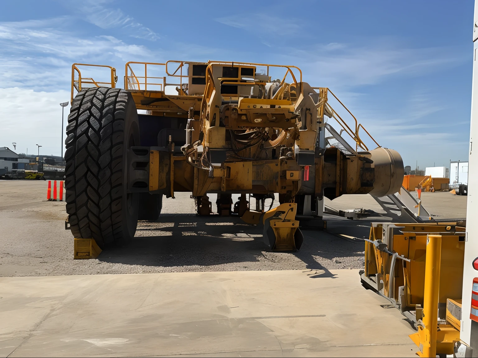 there is a large yellow truck that is parked in the lot, the photo shows a large, oversized enginee, maintenance photo, powerful and huge, detailed zoom photo, full shot photo, outstanding detail, front-view, very full detail, high quality product image”, masterpiece work of art, heavy machinery, portrait of a big, photo taken in 2 0 2 0 add another wheel to right side of truck and add grass to ground