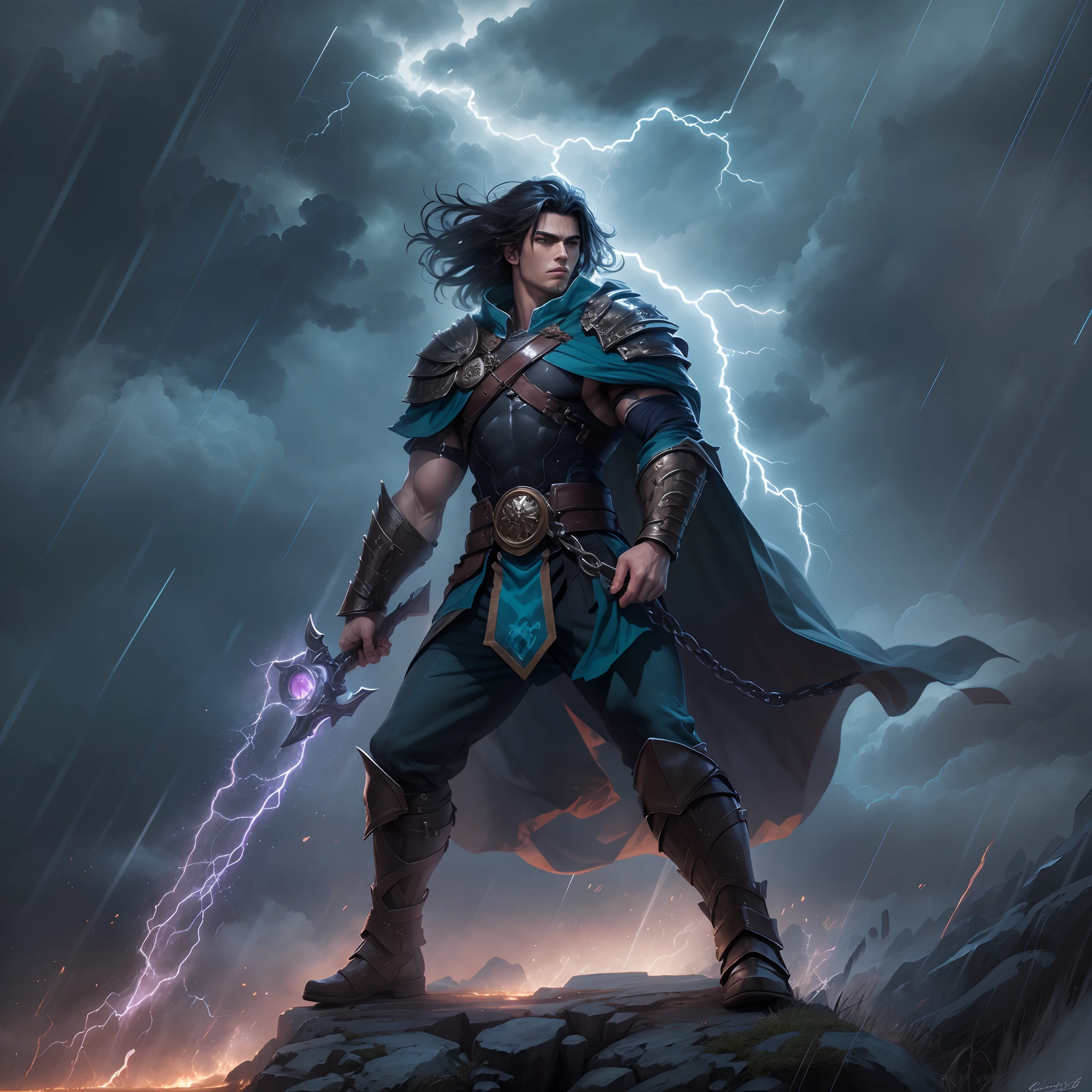 A handsome young man with blue eyes and medium-sized black hair, olhar arrogante, emo, como um corte de cabelo Undercut, corte de cabelo curto, mas com a lateral do cabelo raspada, com um porte fisico muito forte e musculoso, This young man is a warrior, He wears a light suit and is in the middle of a storm, no topo de uma montanha, Like a Prince of Thunder, the sky lit by lightning in the storm, electricity by his thunder magic body he is like a thunder god: Como Thor, He is a warrior prince, magical dark sky, nuvens negras no meio de uma tempestade, water, Rain and Thunder An Art for an RPG A Medieval Art for an RPG