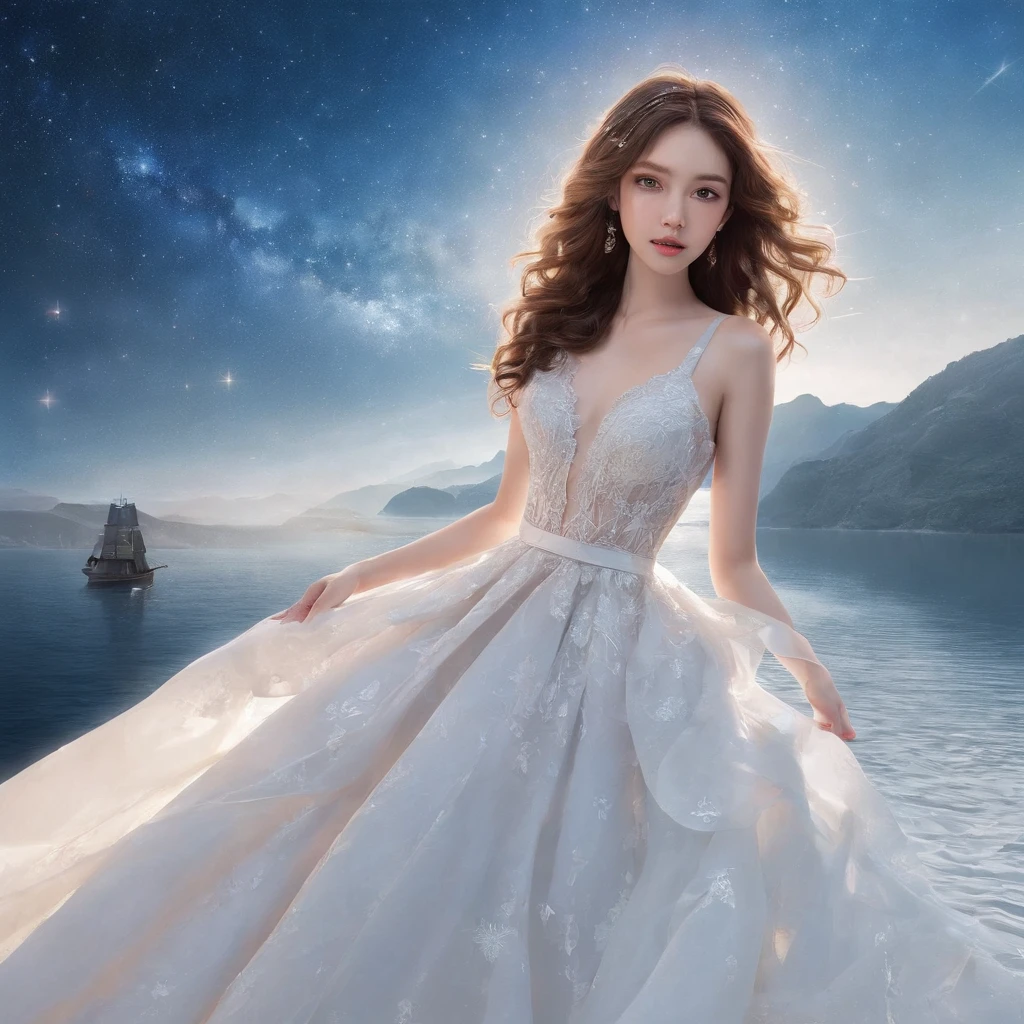Master Parts、Superior Quality、superior image quality、The 8k quality、、Beautiful pictures of the starry sky、magnifica、Arched Milky Way:1.9、Sail ships:1.9、Blue Sea、shooting stars:1.9, 18 year old woman in wedding dress:1.9