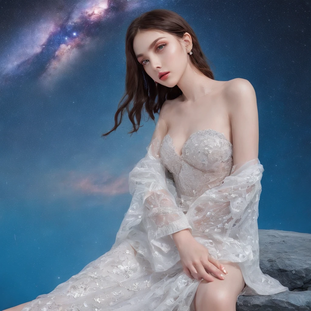 Master Parts、Superior Quality、superior image quality、The 8k quality、、Beautiful pictures of the starry sky、magnifica、Arched Milky Way:1.9、Sail ships:1.9、Blue Sea、shooting stars:1.9, 18 year old woman in wedding dress:1.9