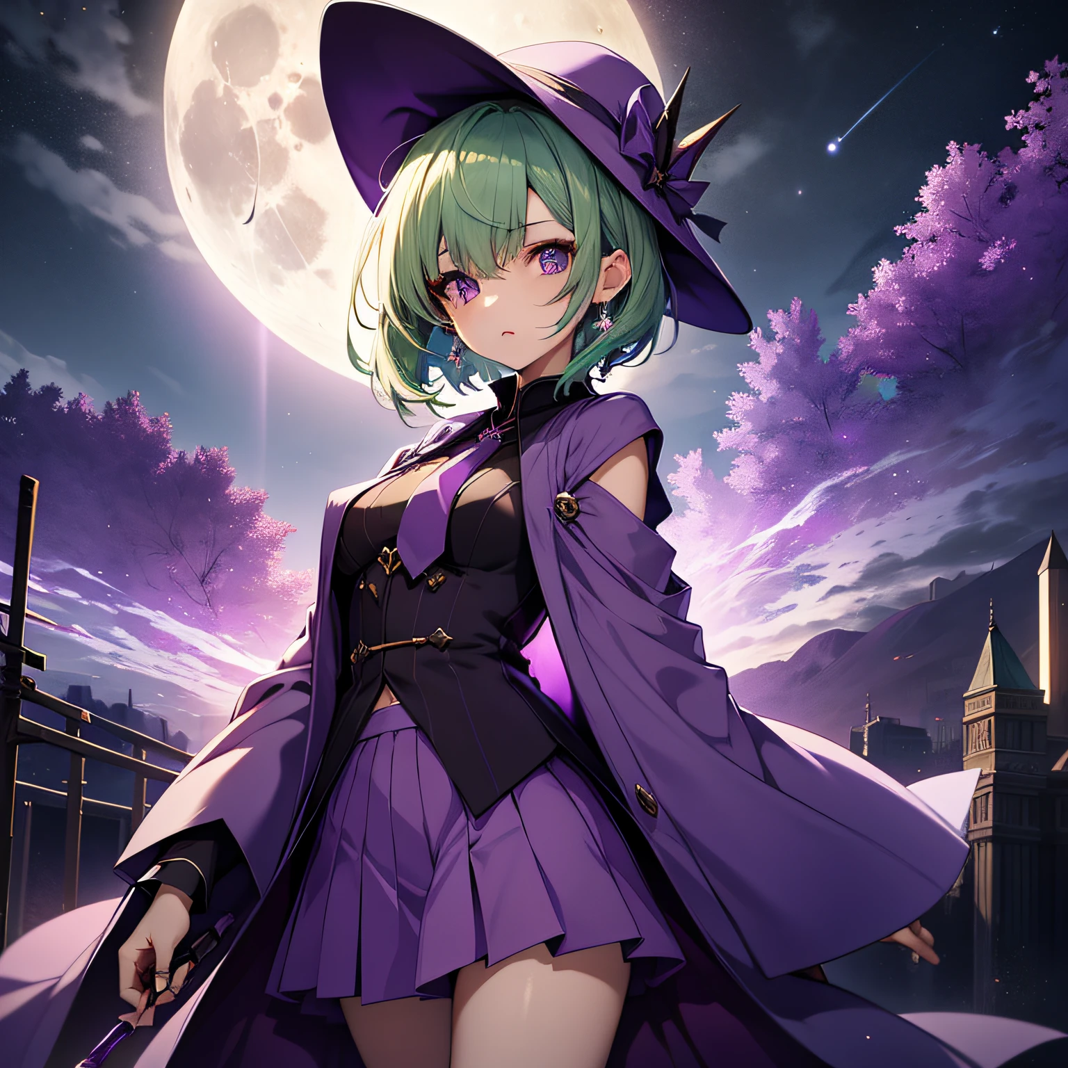 top-quality、extremely delicate and beautiful、(A teenage girl)、Purple Eye、Green hair、short-haired、(Purple pointy hat)、Purple tie、Soio、shortsleeves、Purple skirt、Purple Wizard Robe、Navel、is standing、Full moon night on background