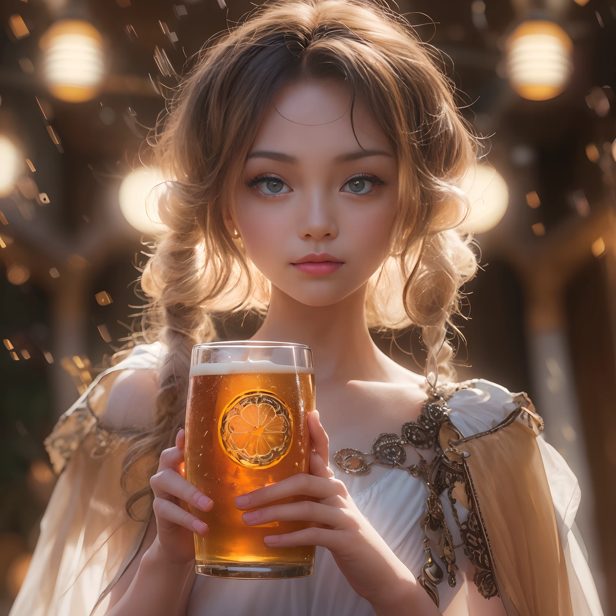 (((nffsw))), (((masutepiece))), (((8K))), (((hight resolution))), (((surrealism))), (((Cinematic lighting))), god rays, Zoom Layer, (((FULL BODYSHOT))), F/4.0, canon, Shiny skin,Detailed skin,Detailed face, Detailed eyes, Goddess of Beer, Sharp eye light, Dress like see-through beer,  Holding a beer in one hand, Tipsy face