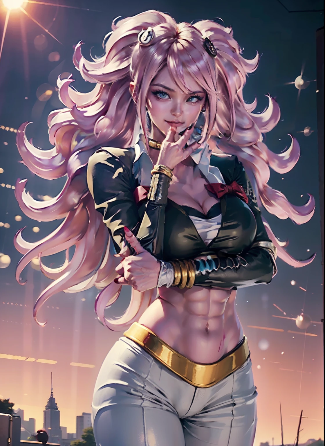 Pink skin, Pink hair, Sexy realistic Female super Saiyan God, Android 21 Majin version, lipstick eyeshadow blush jewelry hair ornament seductive smile looking at viewer attractive Photorealistic, goddess beauty, gravure Azur lane, super Saiyan hair, ripped, six pack abs, super thick, small waist, wide hips beautiful feminine micro bikini, signature super Saiyan outfit, cleavage, massive breasts perfect hair perfect face perfect body perfect hands perfect fingers perfect condition perfect fit perfect image realism detailed background detailed outfit detailed facial features realistic face realistic body, kawaii, cute, hentai, trending on Pixiv anime realism, trending on civitai fantasy, Dragon Ball, Dragon Ball style environment, harajuku makeup ((best quality)), ((masterpiece)), ((realistic)), (detailed), (photorealistic:1.5), (thick body), looking at viewer, dynamic pose, post apocalyptic, destroyed city background, buildings on fire, hdr, ray tracing, nvidia rtx, super-resolution, unreal 5, subsurface scattering, pbr texturing, post-processing, anisotropic filtering, depth of field, maximum clarity and sharpness, rule of thirds, 8k raw, (luminescent particles:1.4), (extremely detailed cg, unity 8k wallpaper, 3d, cinematic lighting, lens flare), reflections, sharp focus, tiniest bikini, massive underboob, camel toe, pantyshot, tight white leggings, Ecchi Hentai, pornstar pose