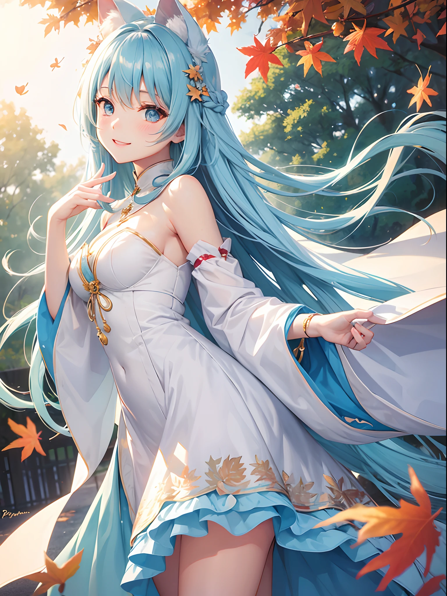 Park of autumn leaves The sun goes down a beauty girl Light blue long hair A charming smile Cute costumes Facing the front