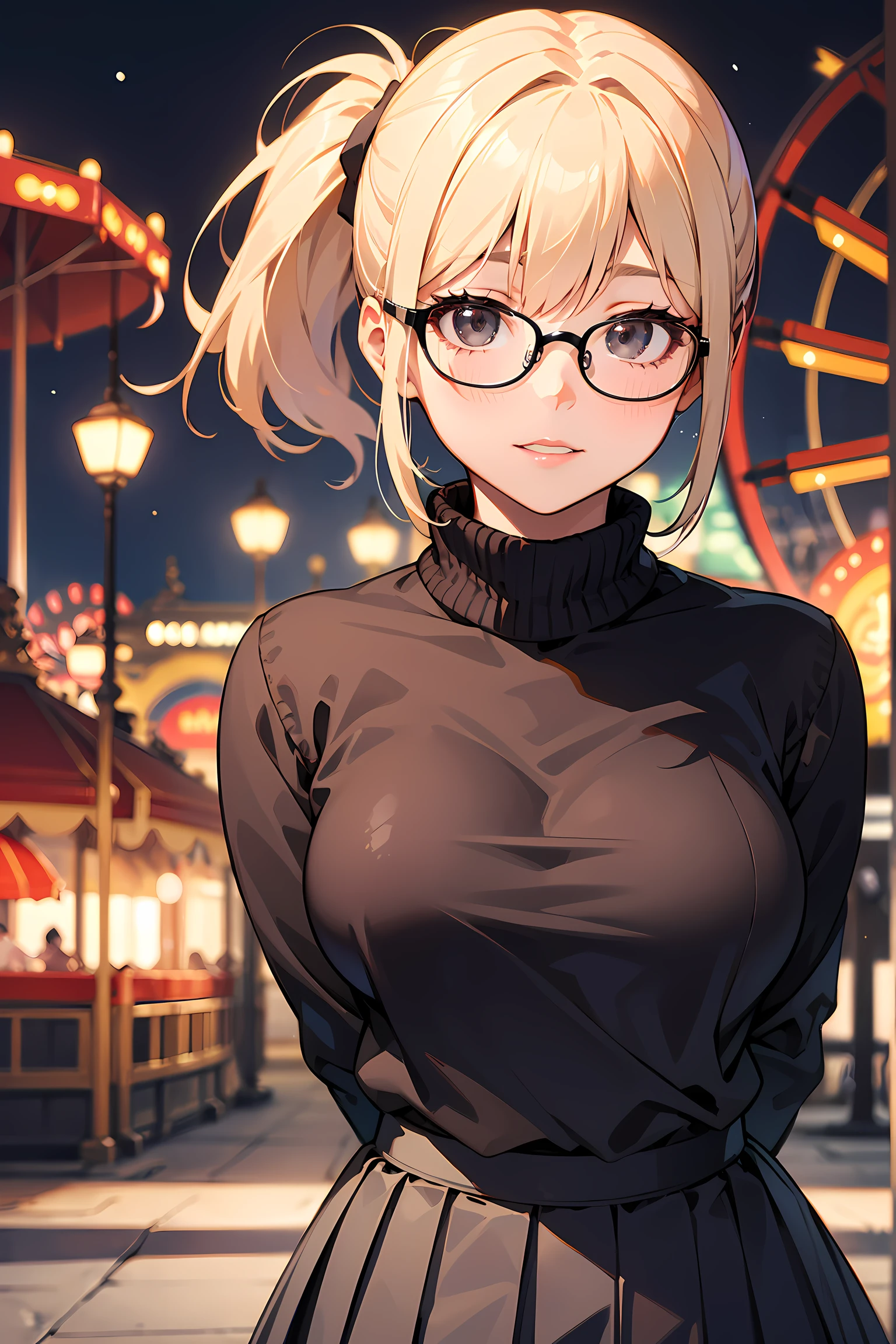 high resolution, Photo of a beautiful woman detailed_face, young handsome girl,realistic:0.5, perfect skin, (wearing a glasses:1.5), (ultra-detailed background, detailed background), bokeh, make happy expressions, happy emotion, gorgeous,pure, beautyfull detailed face and eyes,breasts, (black eyes:1.1), (a extremely pretty and beautiful Japanese woman), (sexy girl), (professional attire:1.3), (22 years old: 1.1), BREAK, (lovely outfit:1.2), (detailed blue turtleneck sweater:1.2), (beige pleats skirt:1.2), (leather boots))), cleavage, beautiful detailed skin, (cute:1.2), (blonde hair), ((jpop idol)), (upper thigh:0.6), (depth of field),soft light, Lens Glow looking at viewer, (Drooping eyes:1.2), straight teeth,smile, floating hair, (blond hair:1.2), brown eyes BREAK scene, cinematic, full colors, 4k, 8k, 16k, RAW photo, masterpiece, professionally color graded, professional photography, high school girl, hair up, , soft clean focus, realistic lighting and shading, (an extremely delicate and beautiful art)1.3, elegant,active angle,dynamism pose BREAK (ponytail:1.3), (shiny-black thin hair:1.2), bangs, dark brown eyes, beautiful eyes, princess eyes, (big eyes:1.3), bangs, wearing a glasses:1.3, Hair between eyes, short hair:1.3, (slender:1.1), (medium-breasts:0.95), (thin waist: 1.15), (detailed beautiful girl: 1.4), Parted lips, Red lips, full-make-up face, (shiny skin), ((Perfect Female Body)), (upper body image:1.3), Perfect Anatomy, Perfect Proportions, (most beautiful Korean actress face:1.3, extremely cute and beautiful Japanese actress face:1.3), ,(1glasses girl:1.3, solo), ,(blush:1.1), gray background, solo focus, (bust shot:1.2), cinematic light, (nostalgic night scene:1.4), (amusement park:1.4), (merry-go-round、the Ferris wheel、rollercoaster), (arms behind back :1.4), (looking at viewer:1.2