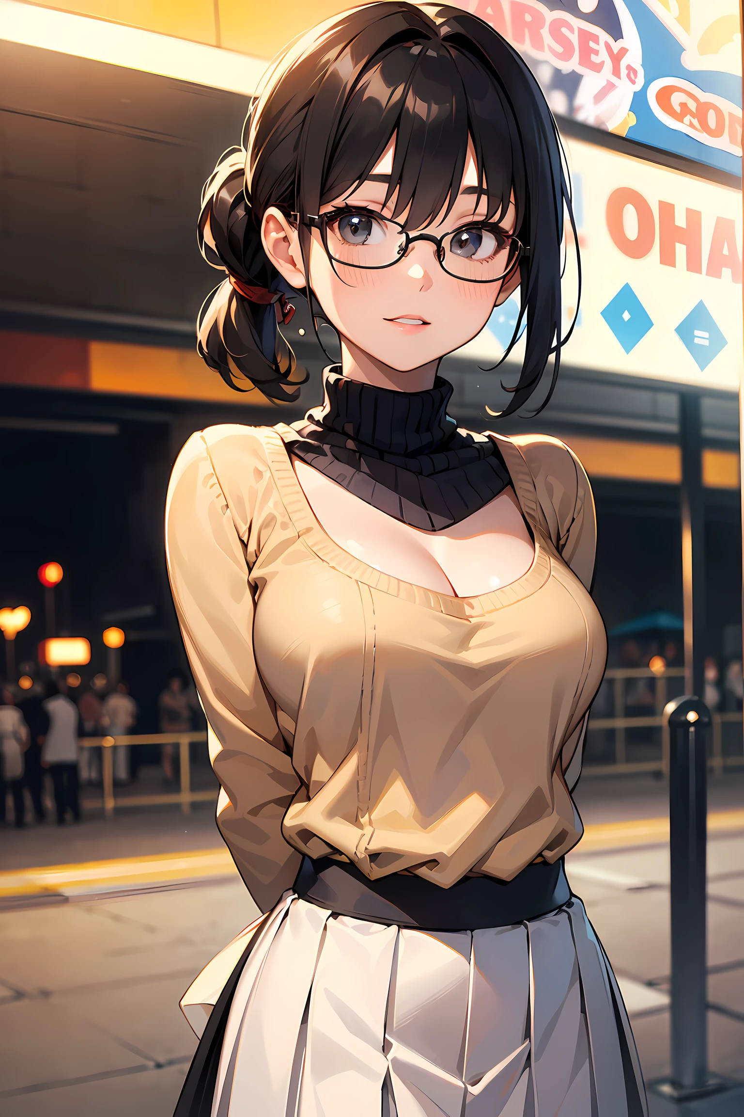 high resolution, Photo of a beautiful woman detailed_face, young handsome girl,realistic:0.5, perfect skin, (wearing a glasses:1.5), (ultra-detailed background, detailed background), bokeh, make happy expressions, happy emotion, gorgeous,pure, beautyfull detailed face and eyes,breasts, (black eyes:1.1), (a extremely pretty and beautiful Japanese woman), (sexy girl), (professional attire:1.3), (22 years old: 1.1), BREAK, (lovely outfit:1.2), (detailed blue turtleneck sweater:1.2), (beige pleats skirt:1.2), (leather boots))), cleavage, beautiful detailed skin, (cute:1.2), (blonde hair), ((jpop idol)), (upper thigh:0.6), (depth of field),soft light, Lens Glow looking at viewer, (Drooping eyes:1.2), straight teeth,smile, floating hair, (blond hair:1.2), brown eyes BREAK movie scene, cinematic, full colors, 4k, 8k, 16k, RAW photo, masterpiece, professionally color graded, professional photography, high school girl, hair up, , soft clean focus, realistic lighting and shading, (an extremely delicate and beautiful art)1.3, elegant,active angle,dynamism pose BREAK (ponytail:1.3), (shiny-black thin hair:1.2), bangs, dark brown eyes, beautiful eyes, princess eyes, (big eyes:1.3), bangs, wearing a glasses:1.3, Hair between eyes, short hair:1.3, (slender:1.1), (medium-breasts:0.95), (thin waist: 1.15), (detailed beautiful girl: 1.4), Parted lips, Red lips, full-make-up face, (shiny skin), ((Perfect Female Body)), (upper body image:1.3), Perfect Anatomy, Perfect Proportions, (most beautiful Korean actress face:1.3, extremely cute and beautiful Japanese actress face:1.3), ,(1glasses girl:1.3, solo), ,(blush:1.1), gray background, solo focus, (bust shot:1.2), cinematic light, (nostalgic night scene:1.4), (amusement park:1.4), (merry-go-round、the Ferris wheel、rollercoaster), (arms behind back :1.4), (looking at viewer:1.2