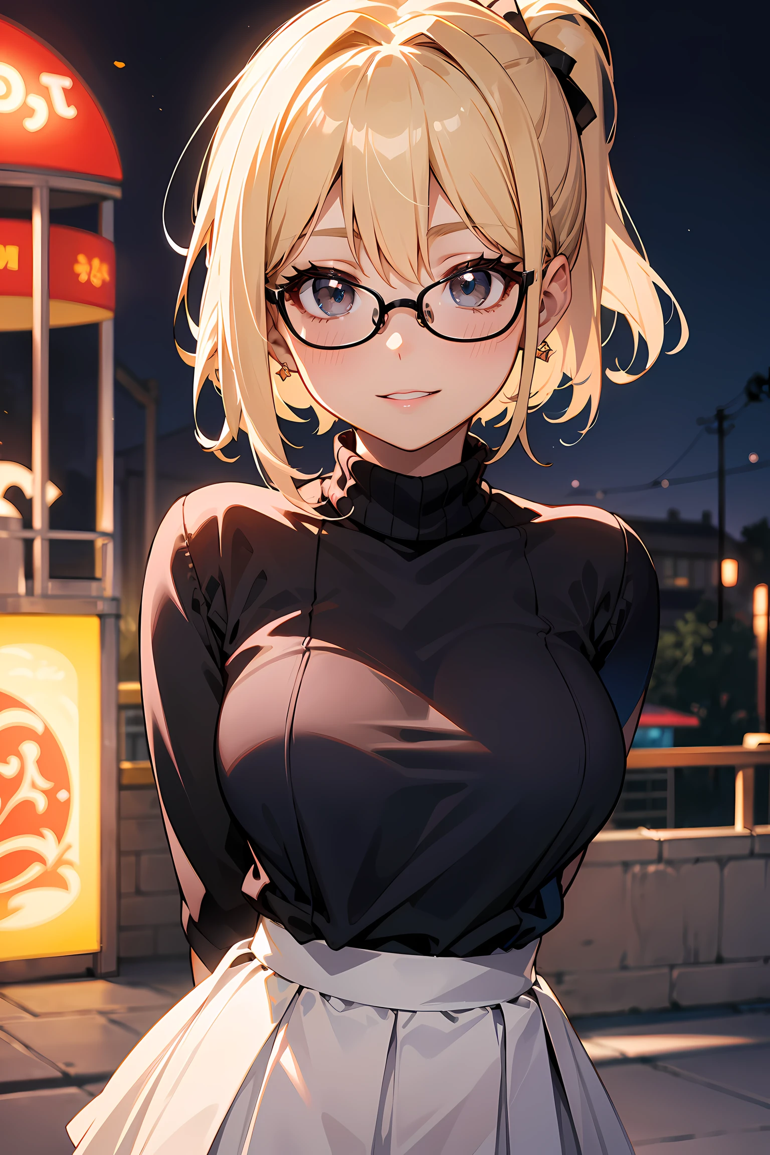 high resolution, Photo of a beautiful woman detailed_face, young handsome girl,realistic:0.5, perfect skin, (wearing a glasses:1.5), (ultra-detailed background, detailed background), bokeh, make happy expressions, happy emotion, gorgeous,pure, beautyfull detailed face and eyes,breasts, (black eyes:1.1), (a extremely pretty and beautiful Japanese woman), (sexy girl), (professional attire:1.3), (22 years old: 1.1), BREAK, (lovely outfit:1.2), (detailed blue turtleneck sweater:1.2), (beige pleats skirt:1.2), (leather boots))), cleavage, beautiful detailed skin, (cute:1.2), (blonde hair), ((jpop idol)), (upper thigh:0.6), (depth of field),soft light, Lens Glow looking at viewer, (Drooping eyes:1.2), straight teeth,smile, floating hair, (blond hair:1.2), brown eyes BREAK scene, cinematic, full colors, 4k, 8k, 16k, RAW photo, masterpiece, professionally color graded, professional photography, high school girl, hair up, , soft clean focus, realistic lighting and shading, (an extremely delicate and beautiful art)1.3, elegant,active angle,dynamism pose BREAK (ponytail:1.3), (shiny-black thin hair:1.2), bangs, dark brown eyes, beautiful eyes, princess eyes, (big eyes:1.3), bangs, wearing a glasses:1.3, Hair between eyes, short hair:1.3, (slender:1.1), (medium-breasts:0.95), (thin waist: 1.15), (detailed beautiful girl: 1.4), Parted lips, Red lips, full-make-up face, (shiny skin), ((Perfect Female Body)), (upper body image:1.3), Perfect Anatomy, Perfect Proportions, (most beautiful Korean actress face:1.3, extremely cute and beautiful Japanese actress face:1.3), ,(1glasses girl:1.3, solo), ,(blush:1.1), gray background, solo focus, (bust shot:1.2), cinematic light, (nostalgic night scene:1.4), (amusement park:1.4), (merry-go-round、the Ferris wheel、rollercoaster), (arms behind back :1.4), (looking at viewer:1.2