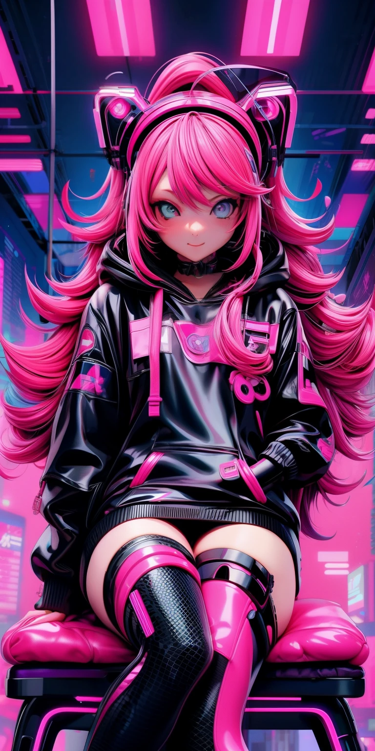 anime girl with pink hair sitting on a chair in a neon city, long curly hair, cyberpunk anime girl in hoodie, cyberpunk anime girl, anime style 4 k, anime cyberpunk art, best anime 4k konachan wallpaper, digital cyberpunk anime art, female cyberpunk anime girl, digital cyberpunk - anime art, cyberpunk anime art, anime cyberpunk, cyberpunk streetwear, cyberpunk art style