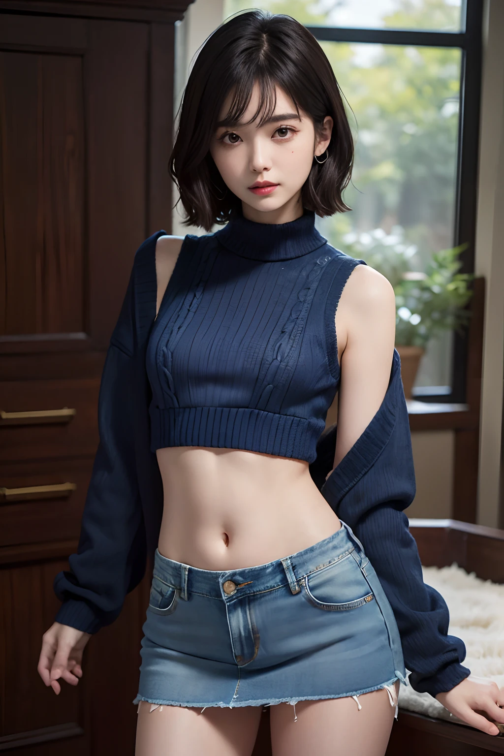 (masuter piece:1.3)、(8K、Photorealsitic、Raw photography、top-quality: 1.4)、(1girl in)、beautiful countenance、(Lifelike face)、(A dark-haired、short-hair:1.3)、Beautiful hairstyle、realisticeyes、Beautiful details、(real looking skin)、Beautiful skins、absurderes、enticing、超A high resolution、A hyper-realistic、high-detail、the golden ratio、((wide open abdomen))、((open abdomen))、((wide open navel))、((open navel))、((Mid-Riff Sweater))、((Ultra-low rise、Denim Mini Skirt))、((small hips))、((Navel Ejection))、((Full body depiction))、((small hips))、((A slender))、((Ultra-low rise))、((Denim Mini Skirt))、((is standing))、