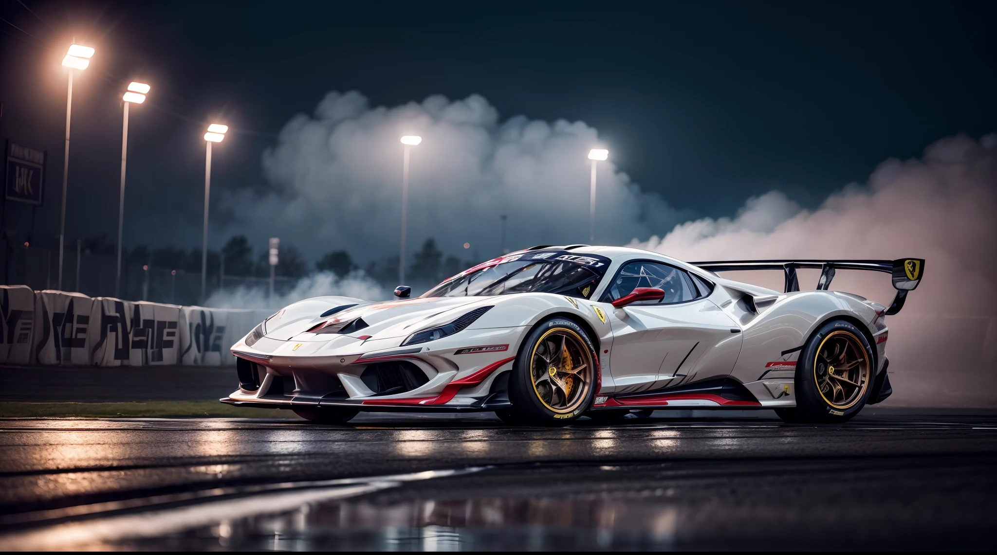 arafed image of a (ferrari hypercar:1.4), (8k, RAW photo, best quality, masterpiece:1.2), (realistic, photo-realistic:1.37), (full body:1.3) (detailed), (highres), ultra realistic, hyperrealistic, high detail RAW color photo of (ferrari hypercar:1.4), high angle shot front view ferrari hypercar driving on a race track, stormy weather, (wet:1.2), (water dust:1.2), 8k uhd, high quality, motion blur, depth blur, cinematic, filmic image 4k, vibrant color, (reflections),(ferrari) race car,(race car:1.4),(endurance race car:1.4),at night, lights, High Detail, Sharp focus, (photorealism), realistic, best quality, 8k, award winning, dramatic lighting, epic, cinematic, masterpiece, rim light, ambient fog:1.3, dutch angle, depth of field,8k uhd, high quality, motion blur, depth blur, cinematic, filmic image 4k, vibrant color, (reflections),spoiler, GT3 race car, WEC endurance cars,rollcage,sponsors,livery, sponsored livery,lights turned on,motion blur,cardrifting