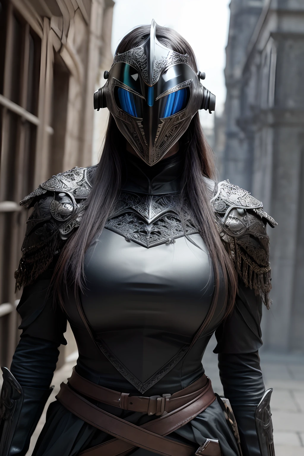 ((Realistic)), Cinematic shot, kino, Link to the photo, Highest Quality, hiquality, (Detailed face and eyes:1.1), A huge knight in black armor, ((Intricate helmet)), Face mask armor, ((big eyes)), black sclera, in the countryside, Black Eyes, sub-surface Scattering, Intricate (high detail), ((Cute)), (detailed skin:1.1), sparkly skin, photo realism, voluminous lighting, Magic Circles, castle on the background,