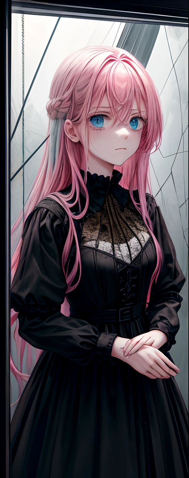 1girll, Pink hair, Blue eyes, (s girl_Shot:1.2), Face focus, Long hair, side locks,Collapsed crying,Extreme panic,After being violated ,Scared,(terrified:1.1) expression, holding teddy bear, Atmospheric lighting, Moody, Darkness, In an abandoned old museum, Clear glass display case full of interesting items, Dusty, Post-apocalypse, spiderwebs, masterful, Beautiful 8k wallpaper, Extremely detailed, Intricate,Wear a black and white dress,Broken clothes,Bleeding in the lower body