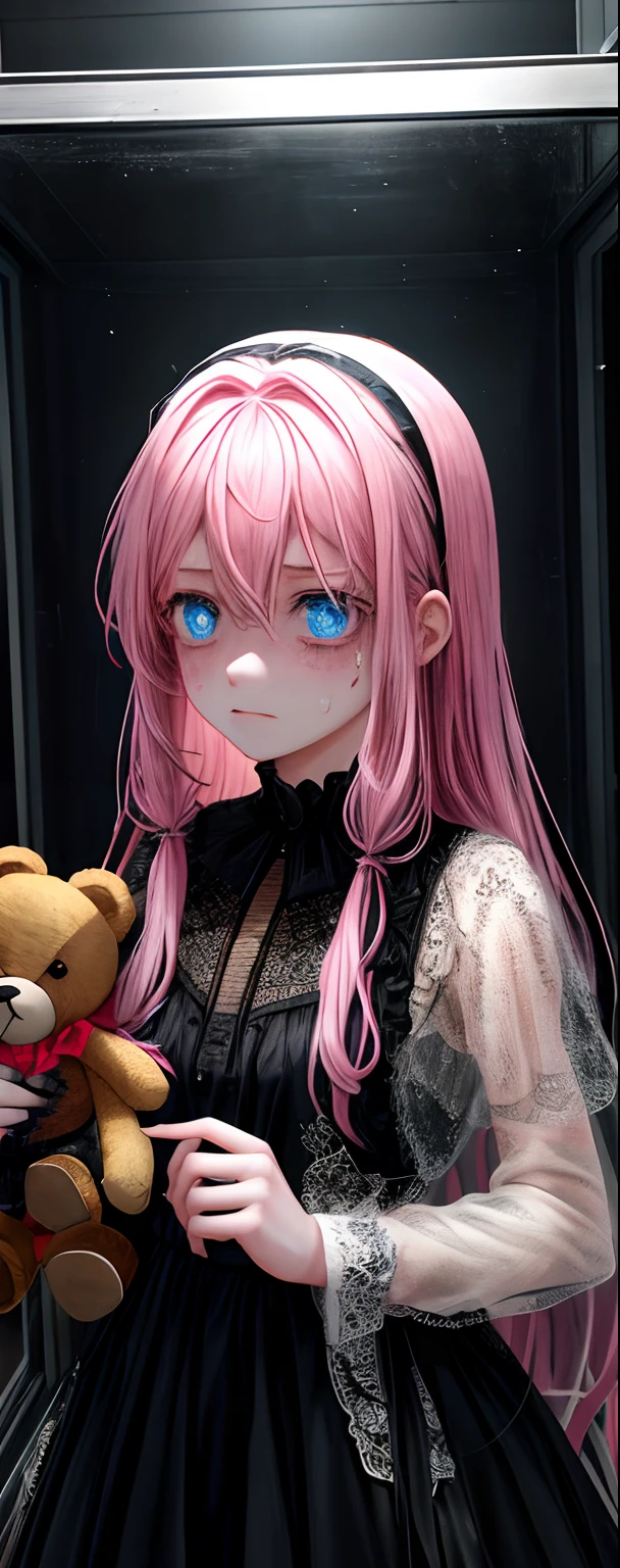 1girll, Pink hair, Blue eyes, (teens girl_Shot:1.2), Face focus, Long hair, side locks,Collapsed crying，Extreme panic，After being violated ，Scared,(terrified:1.1) expression, holding teddy bear, Atmospheric lighting, Moody, Darkness, In an abandoned old museum, Clear glass display case full of interesting items, Dusty, Post-apocalypse, spiderwebs, masterful, Beautiful 8k wallpaper, Extremely detailed, Intricate，Wear a black and white dress，Broken clothes，Bleeding in the lower body