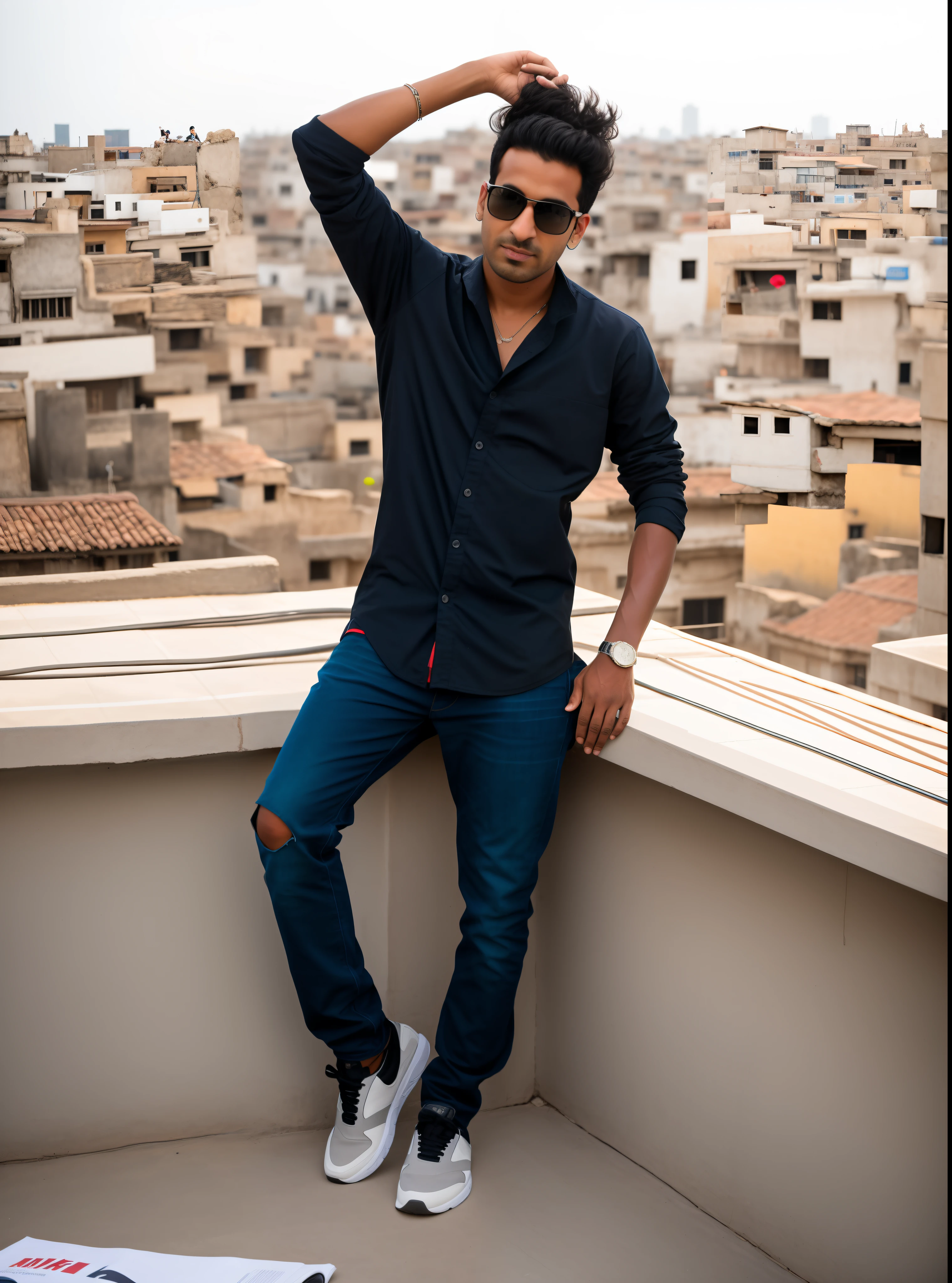 arafed man sitting on a ledge with his hands on his head, standing on rooftop, standing on a rooftop, on rooftop, wearing a shirt and jeans, with a cool pose, in a rooftop, on a rooftop, set in Indian village rooftop, sits on a rooftop, wearing urban techwear, cool pose, standing on a skyscraper rooftop