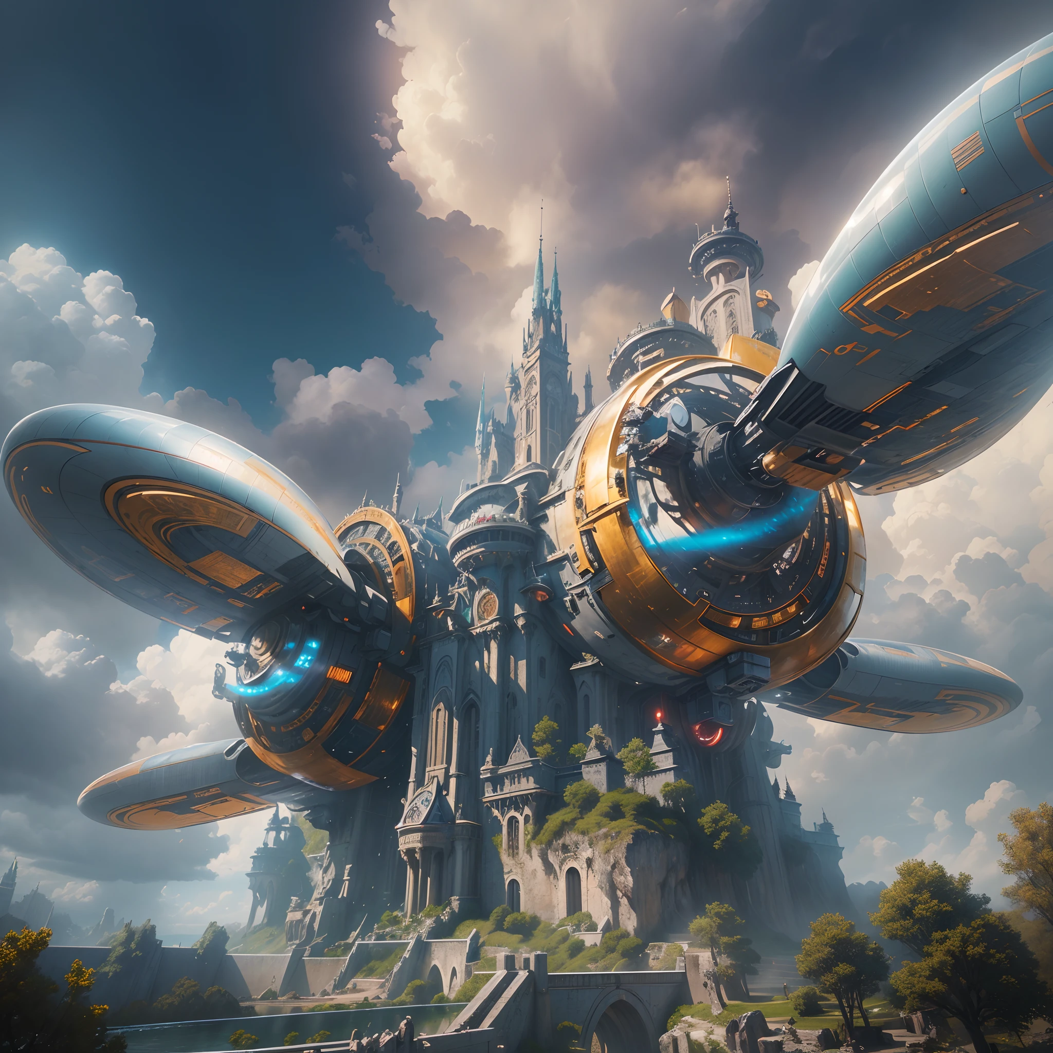 (Best quality,A high resolution,Masterpiece:1.2),Ultra-detailed,(Realistic:1.37),(Futuristic:1.1),There are 2 huge propellers on the castle,(Huge propellers:1.1),(Fly in the sky),(Metallic texture),Vibrant colors,Fantastical Atmosphere,scifi aesthetic,intense perspective,ethereal clouds,A seamless blend of nature and technology,Modern miracle,Forward-looking thinking,Technological progress
