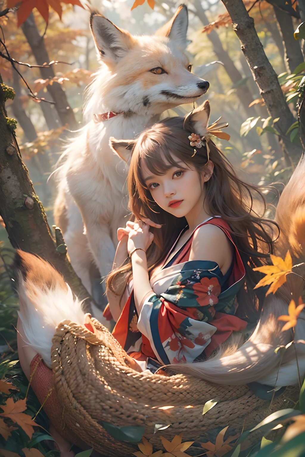 Two-shot photo of a girl and a fox,(Fantasia,Kitsune Yokai Four-Tailed Heavenly Fox,),(Girl and Fox Yokai: The Tale of the Four-Tailed Heavenly Fox),
(With a girl bent down deep in the forest and looking up,Fox Yokai Two-shot  of a fox protecting a girl's back Poster of the four-tailed heavenly fox),
(natural soft light.)(Sunlight,),(Sunlight,),(Professional Lighting.),
(glossy light brown and orange two-tone color,,,,,,,,,,,,,Wave Shortcut Hair,disheveled hair,),japanese kimono,Geta,Cute round face red lipstick,A cute smile that makes the viewer happy,
autumn forest,Strong wind soaring over dead leaves
Digital Illustration,
(Photorealsitic:1.3),(Raw photo.),
(masutepiece,top-quality,Ultra-high resolution output image,)
(The 8k quality,),(Image Mode Ultra HD,),(Image Mode Ultra HD,),(Sea Art 2.1:1.3,),Japan Anime Fantasy,