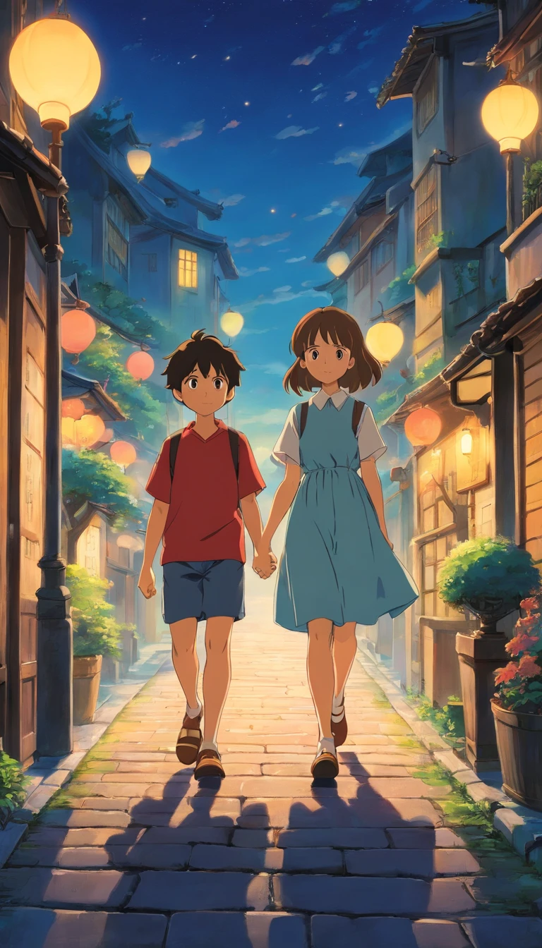 A boy and a girl are walking shyly in the evening