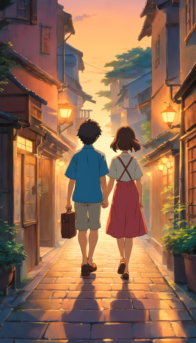 A boy and a girl are walking shyly in the evening