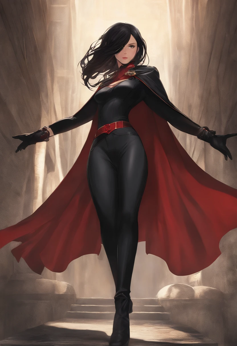 28 years old American woman, ((full body)), ((nude)), beautiful chest, standing in the deep woods, with her legs spread apart, long black boots, long deep red cape, blue sky, zoom in from front below