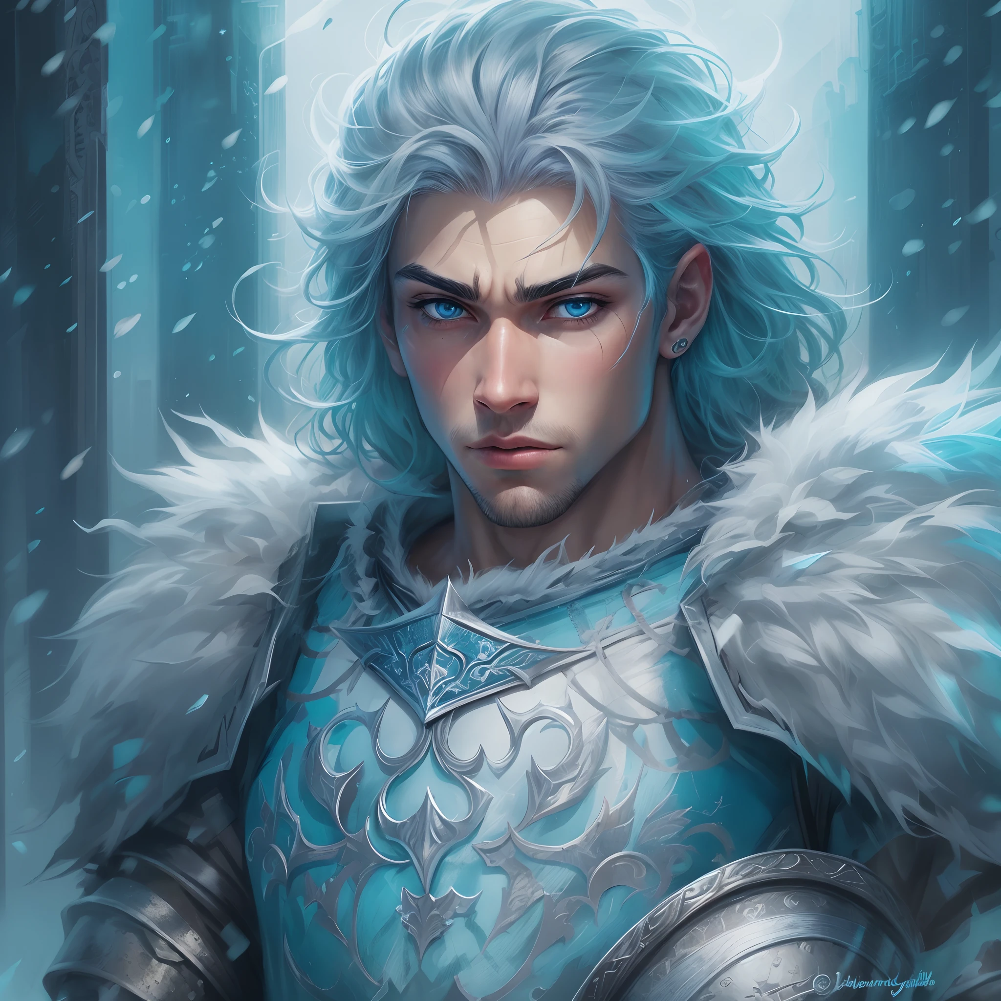 um jovem guerreiro, Um nobre cavaleiro, guerreiro de um reino vestindo ouro, armadura azul e branca;, uma armadura angelical, This warrior is young with ice powers, your hair is short at ear height, como um corte de cabelo estilo emo, tem cabelos brancos como a neve, He is a great warrior of a blue and white kingdom, his eyes are blue as the ocean, He is from the Angelica family, Lights make up the image, juntamente com neve e um brilho branco, no fundo uma cidade de rpg durante um inverno enquanto neva, uma arte medieval para RPG