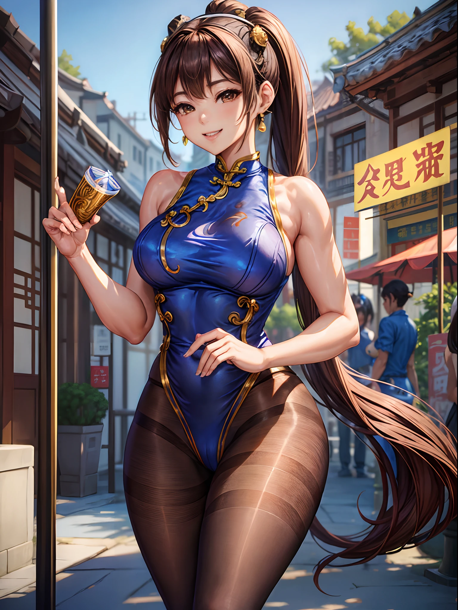 top-quality、Full limbs、complete fingers、Slender beauty、poneyTail、Medium hair、Brown hair、((Chun-Li blue cheongsam))、((Brown pantyhose))、Beautiful Large Breasts、Chinatown、is standing、sexypose、A big smile