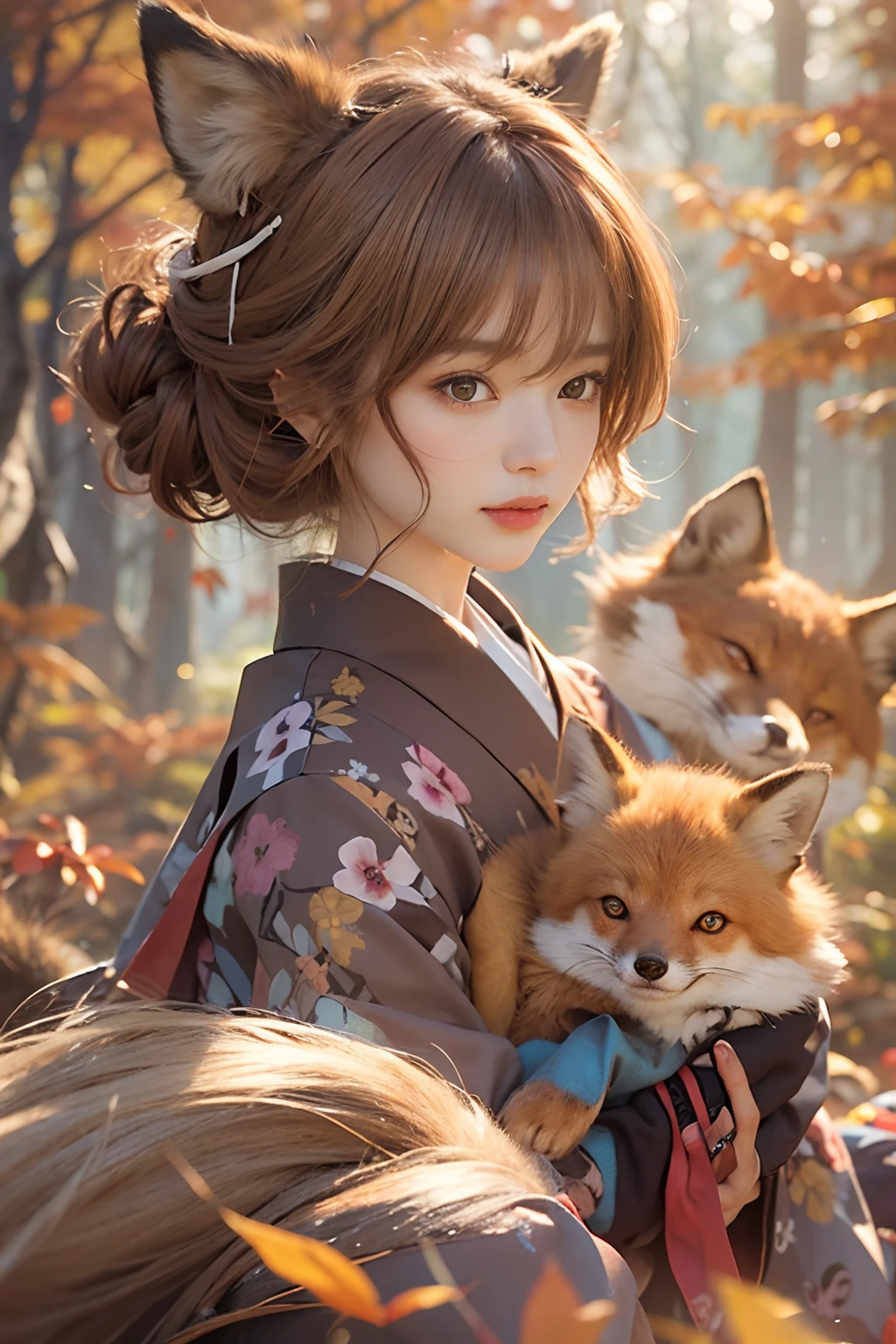 Two-shot photo of a girl and a fox,(Fantasia,Kitsune Yokai Four-Tailed Heavenly Fox,),(Girl and Fox Yokai: The Tale of the Four-Tailed Heavenly Fox),
(With a girl bent down deep in the forest and looking up,Fox Yokai Two-shot of a fox protecting a girl's back Poster of the four-tailed heavenly fox),
(natural soft light.)(Sunlight,),(Sunlight,),(Professional Lighting.),
(glossy light brown and orange two-tone color,,,,,,,,,,,,,Wave Shortcut Hair,disheveled hair,),japanese kimono,Geta,Cute round face red lipstick,A cute smile that makes the viewer happy,
autumn forest,Strong wind soaring over dead leaves
Digital Illustration,
(Photorealsitic:1.3),(Raw photo.),
(masutepiece,top-quality,Ultra-high resolution output image,)
(The 8k quality,),(Image Mode Ultra HD,),(Image Mode Ultra HD,),(Sea Art 2.1:1.3,),Japan Anime Fantasy,