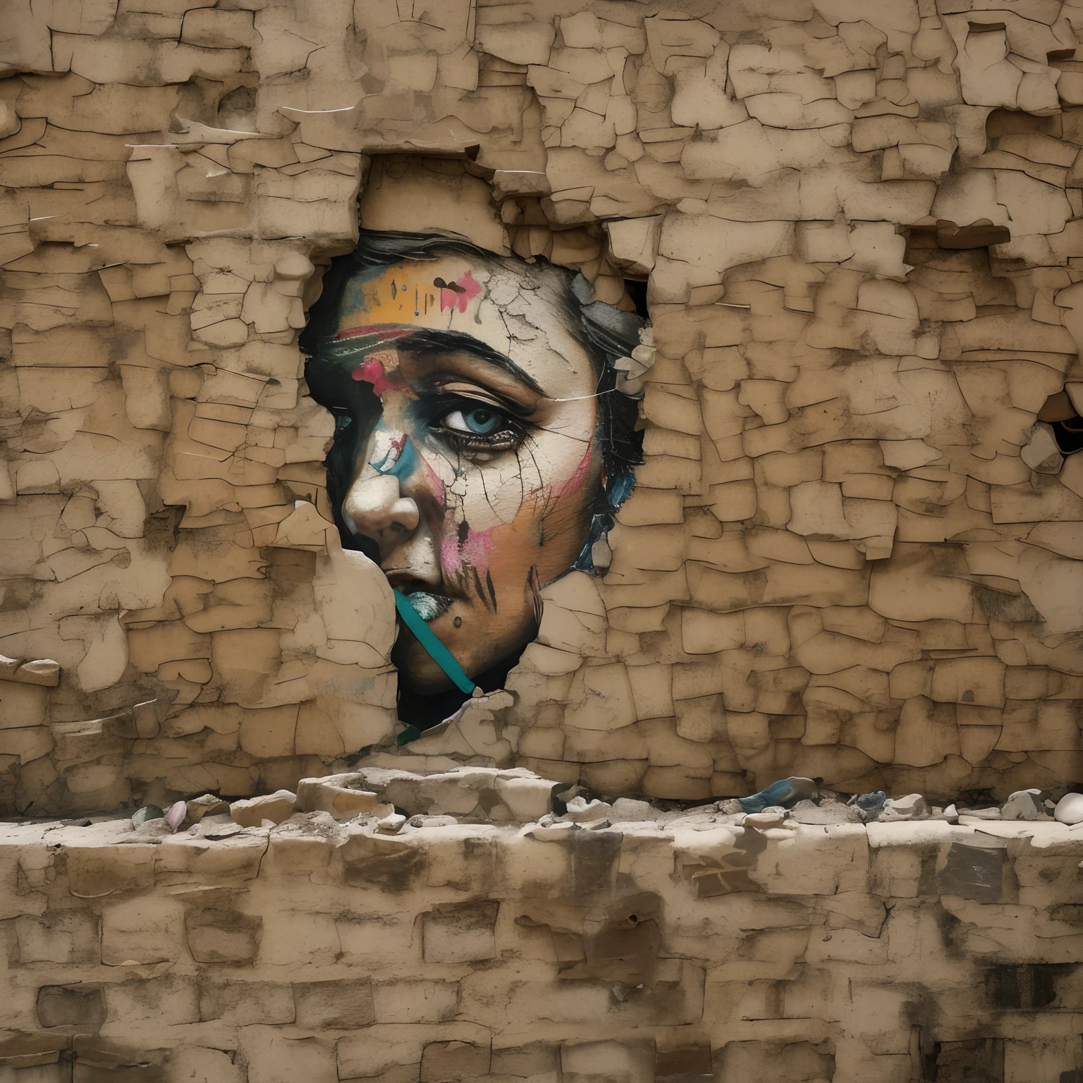 there is a woman in a colorful hole in a wall, the man in the wall, on a wall, street art:2, street art, crumbling, stone face, phlegm, smoke and rubble, streetart, street art:2 highly detailed, subject made of cracked clay, street art 8 k, street art : 4 masterpiece